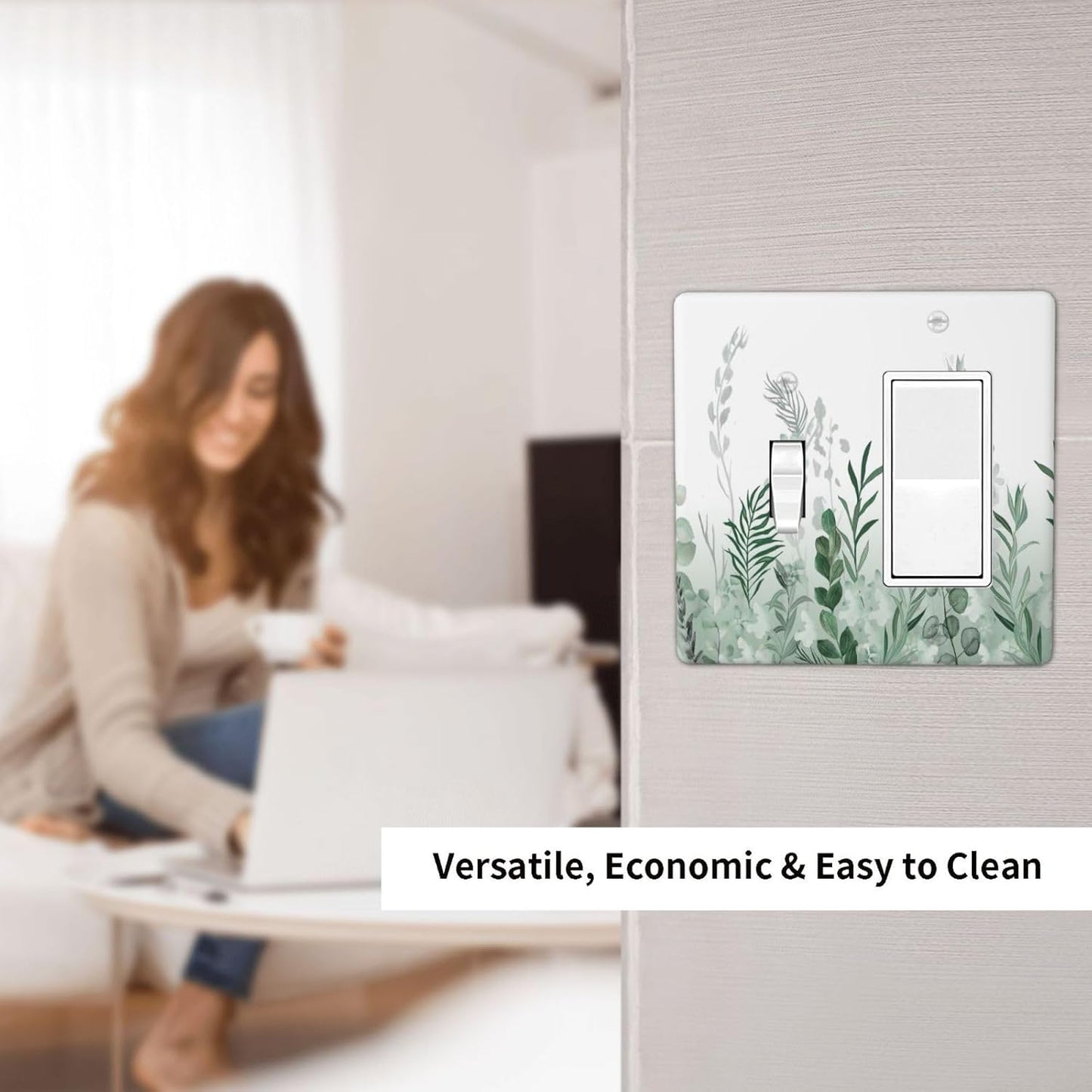 Watercolor Green Leaf Rustic Plant Eucalyptus Flowers Outlet Covers 1 Toggle 1 Rocker Combination Decorative Wall Plate Electrical Switch Plates Light Switch Cover Plate for Bed Room Living Room Decor