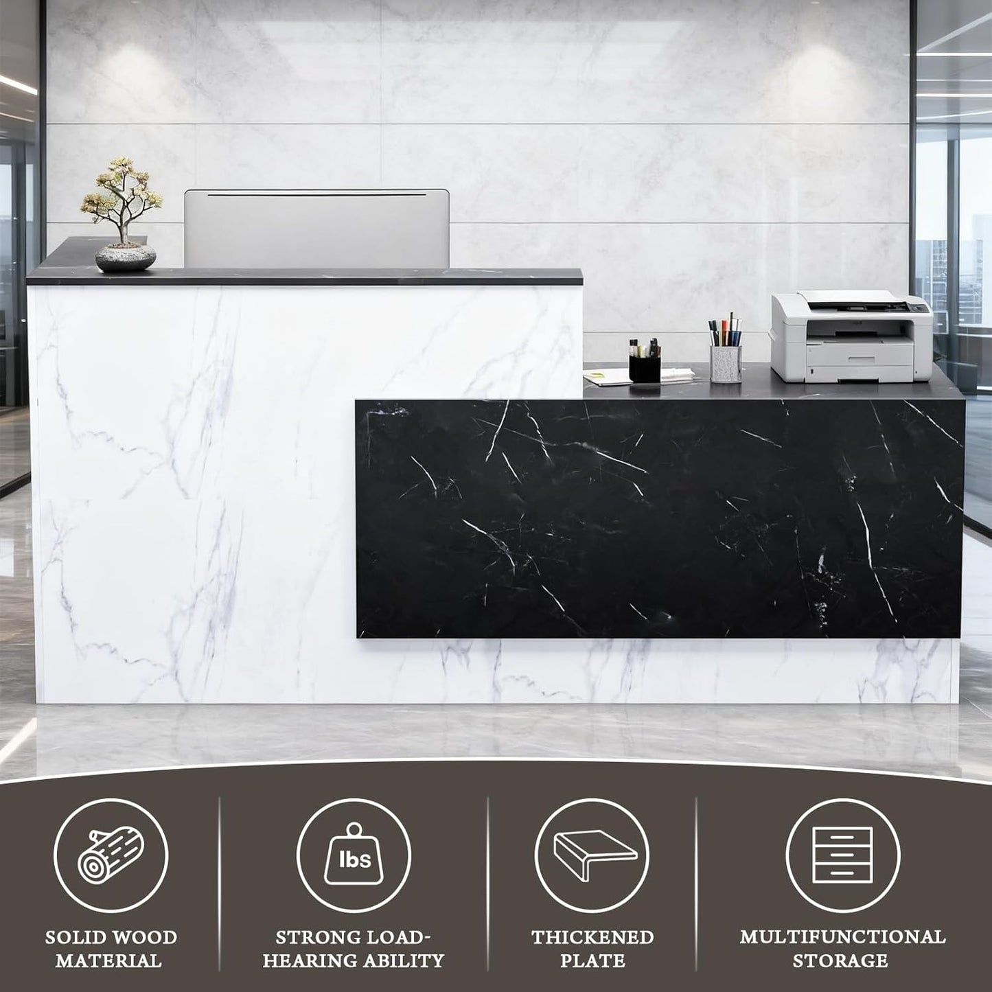 R-Shaped Modern Reception Desk with Counter & Storage - 71"/84" Large Office Front Desk, Salon Checkout Counter with Lockable Cabinets, Shelves & Drawers (Black & White, Right - 71''L x 34''W x 41''H)