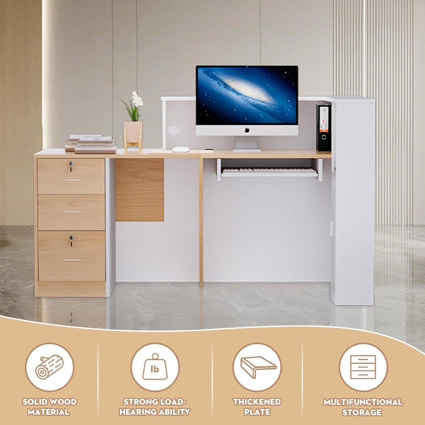 L-Shaped Modern Reception Desk with Counter & Storage - 71" Large Office Front Desk, Salon Checkout Counter with Lockable Cabinets, Shelves(Oak & White, Left - 71''L x 34''W x 41''H)