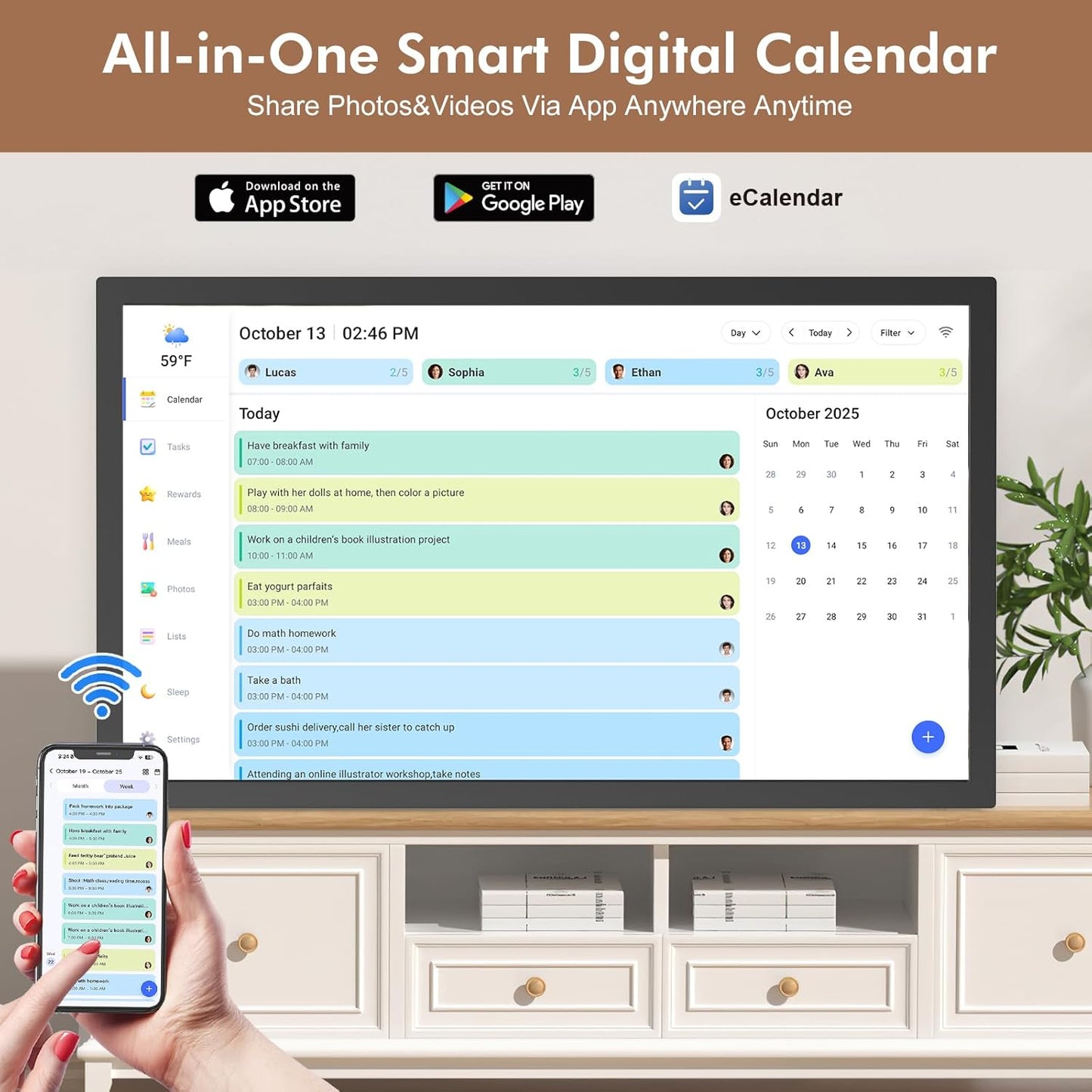 Digital Calendar Smart Chore Chart-for-Business-Schedules - 24" Wall Mounted Interactive Touchscreen Electronic Calendar, Auto-Sync Google iCloud Outlook Calendars for Family Household Organization