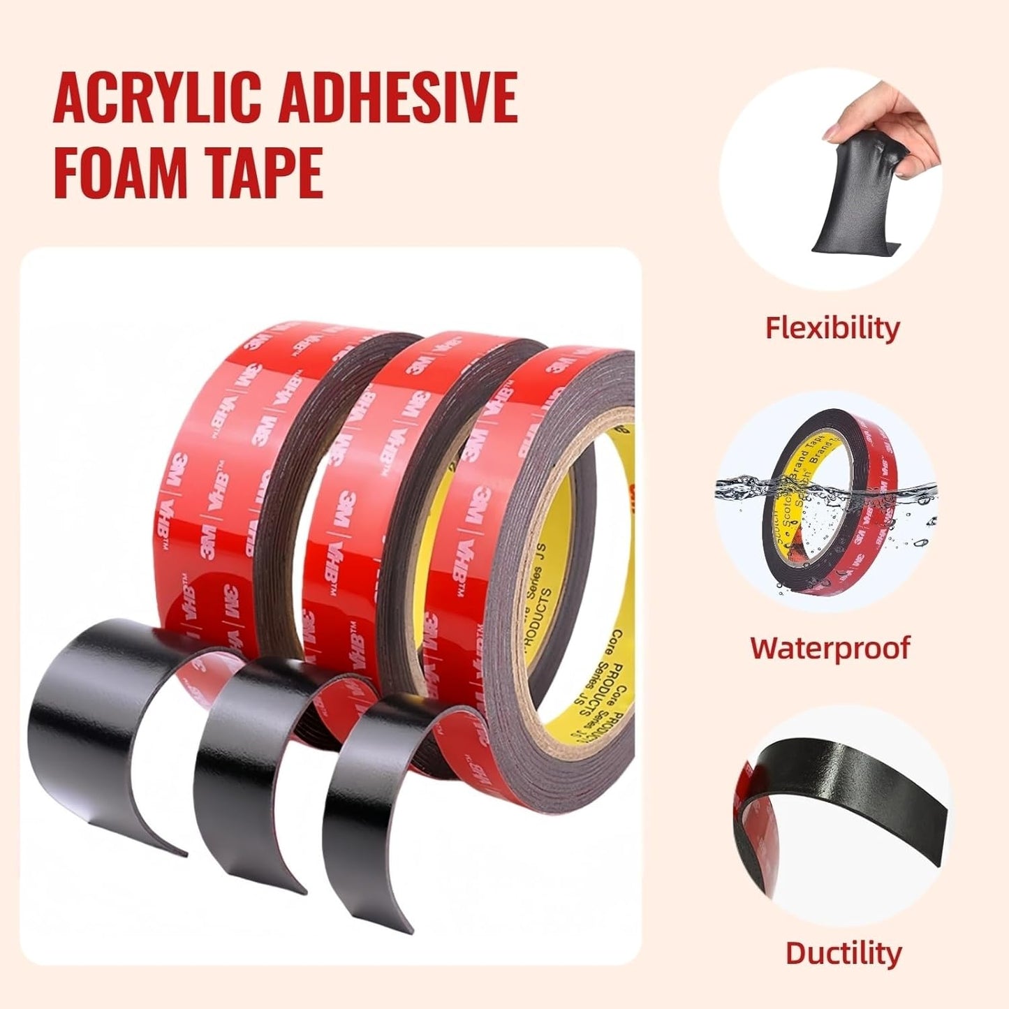 Double Sided Tape Heavy Duty, Adhesive Mounting Tape 1 in x 15.5 ft, Waterproof and Temperature Resistant Adhesive Strip Tape for Indoor, Outdoor, Automotive Trim, Home Decor