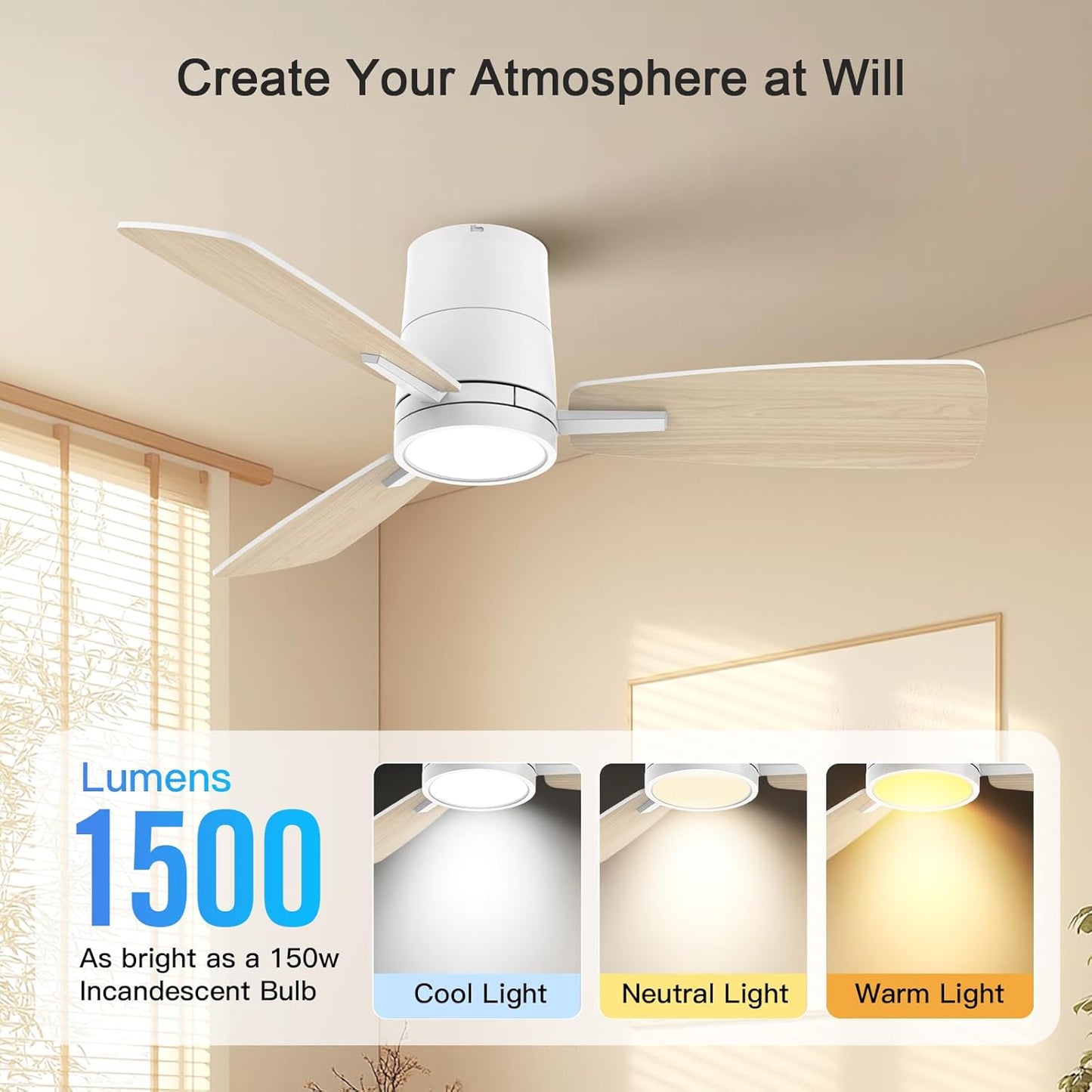 Ceiling Fans with Lights,42 inch,Quiet Reversible Motor,Easy to Install,6 Speeds,3CCT,Timer, White Modern Ceiling Fan for Living Room, Bedroom, Kitchen, Dining room, Office