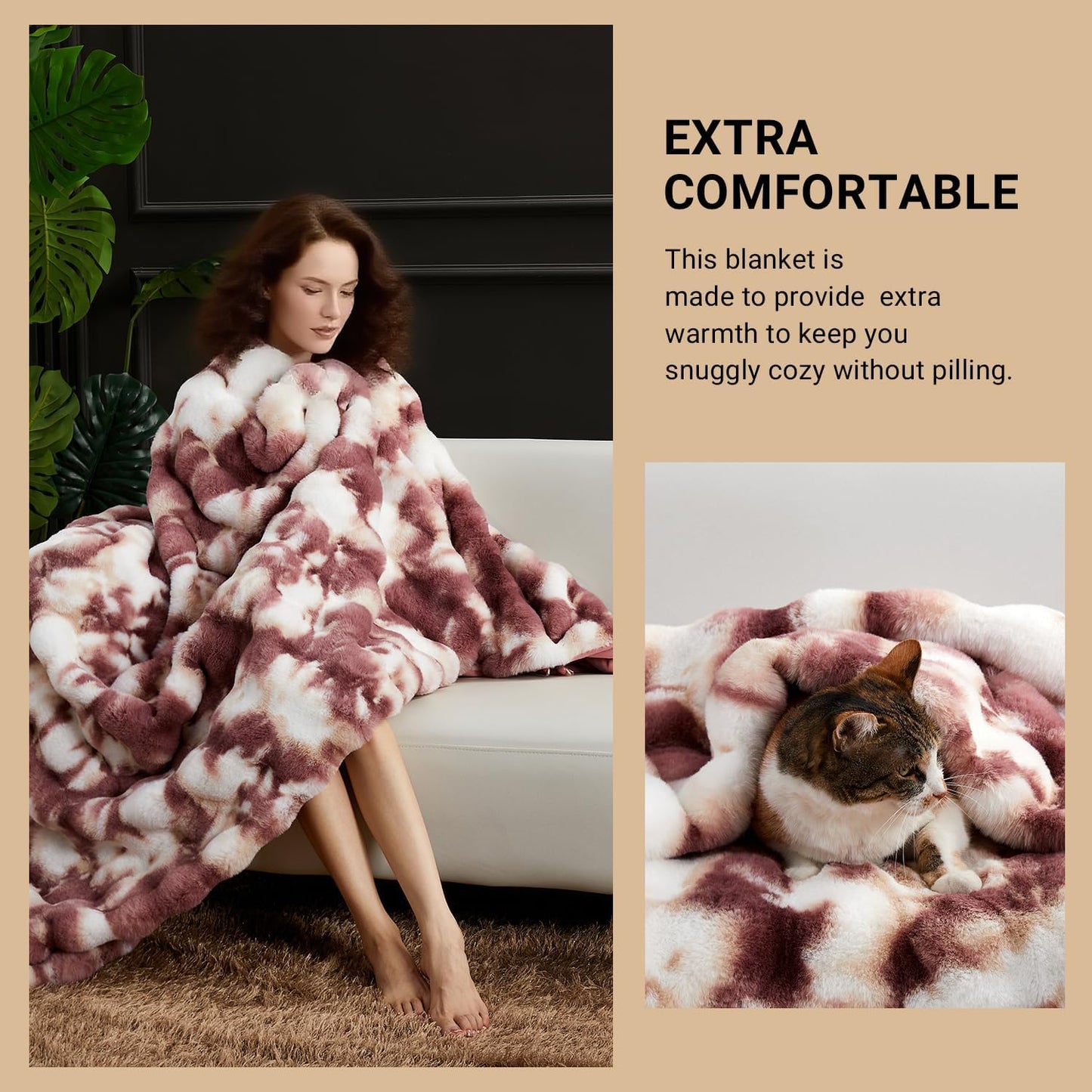 SAPHREAS Faux Fur Throw Blanket for Couch, Fluffy Fuzzy Bubble Blanket for Sofa Bed Living Room, Decor Soft Cozy Gifts for Women Men, 50x60” Tie Dye Burgundy