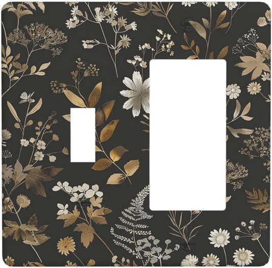 Outlet Covers Black Gold Floral Dark Leaves Vintage Flowers 1 Toggle 1 Rocker Combination Decorative Wall Plate Electrical Switch Plates Light Switch Cover Plate for Bed Room Home Decor