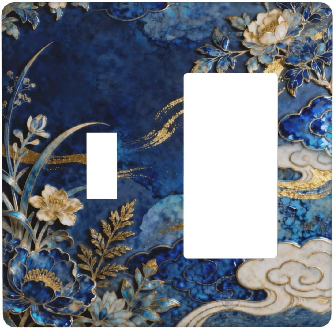 Decorative Outlet Covers Blue White Flower Gold Line Cloud 2 Gang Light Switch Cover Plate Single Toggle 1 Rocker Wall Plates for Electrical Outlets Switch Plate Covers for Home Decor