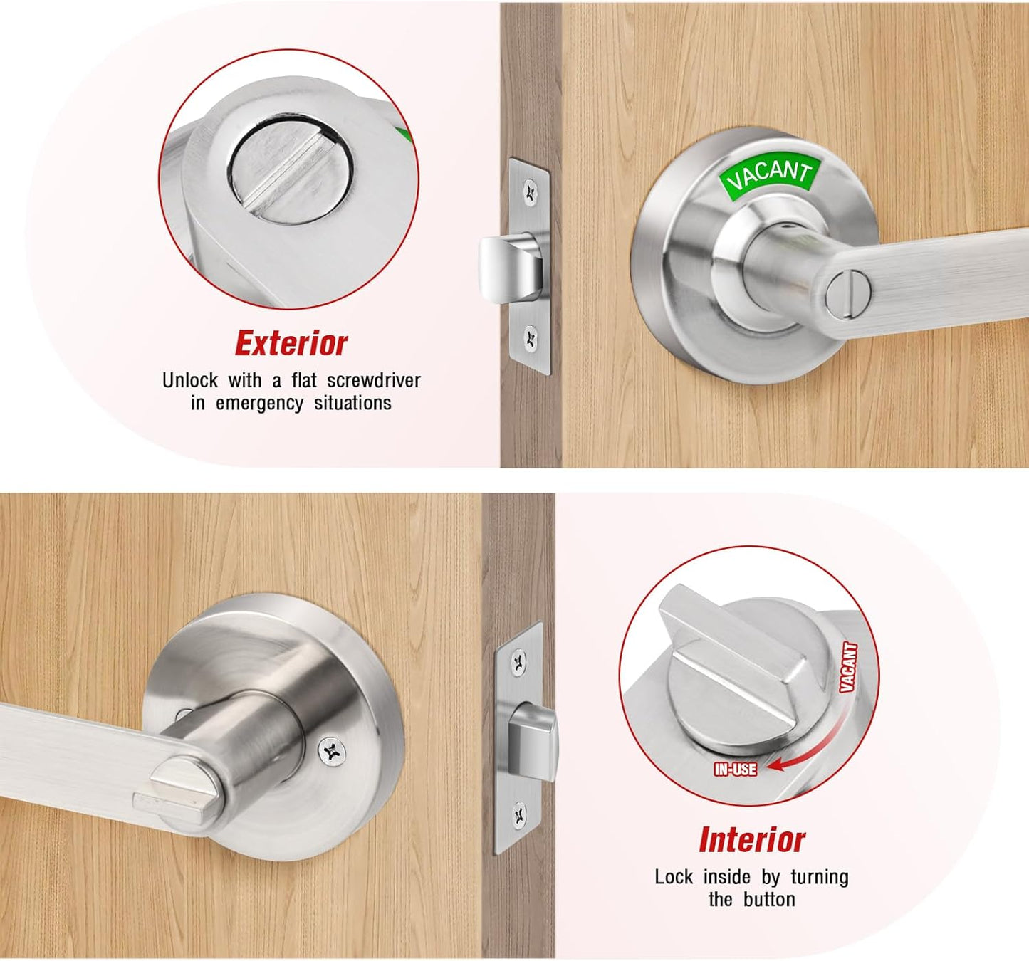 Bathroom Indicator Privacy Door Lock, Vacant Occupied Lock, Large Vacant or In-Use Door Handle, ANSI Grade 2 Commercial Grade, Satin Chrome