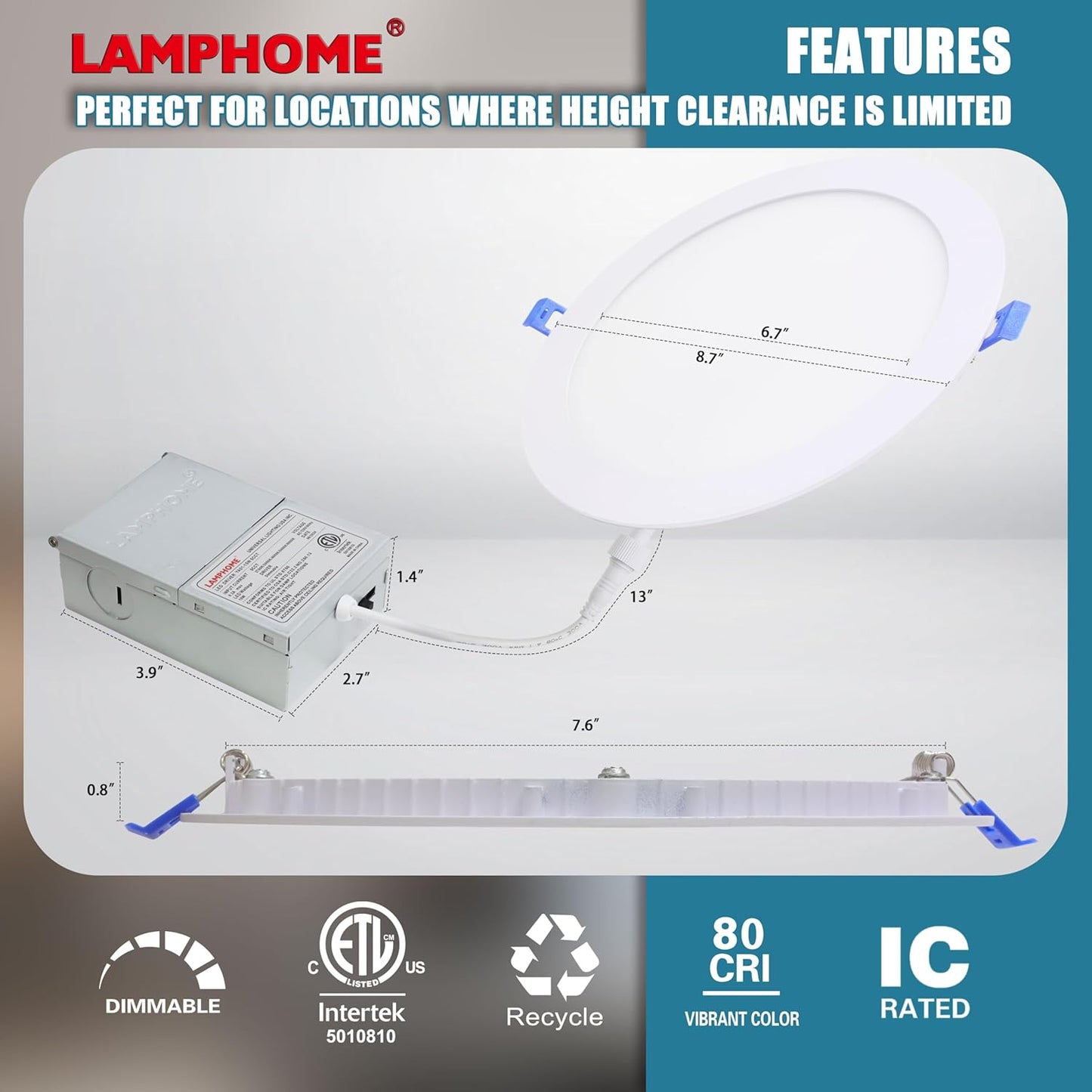 LAMPHOME 6-Pack of 8-Inch Slim LED Recessed Lights with Junction Box, Adjustable Color Temperatures (2700K-5000K), 18W Equivalent to 125W, Dimmable, 1600LM Brightness - ETL and Energy Star Certified