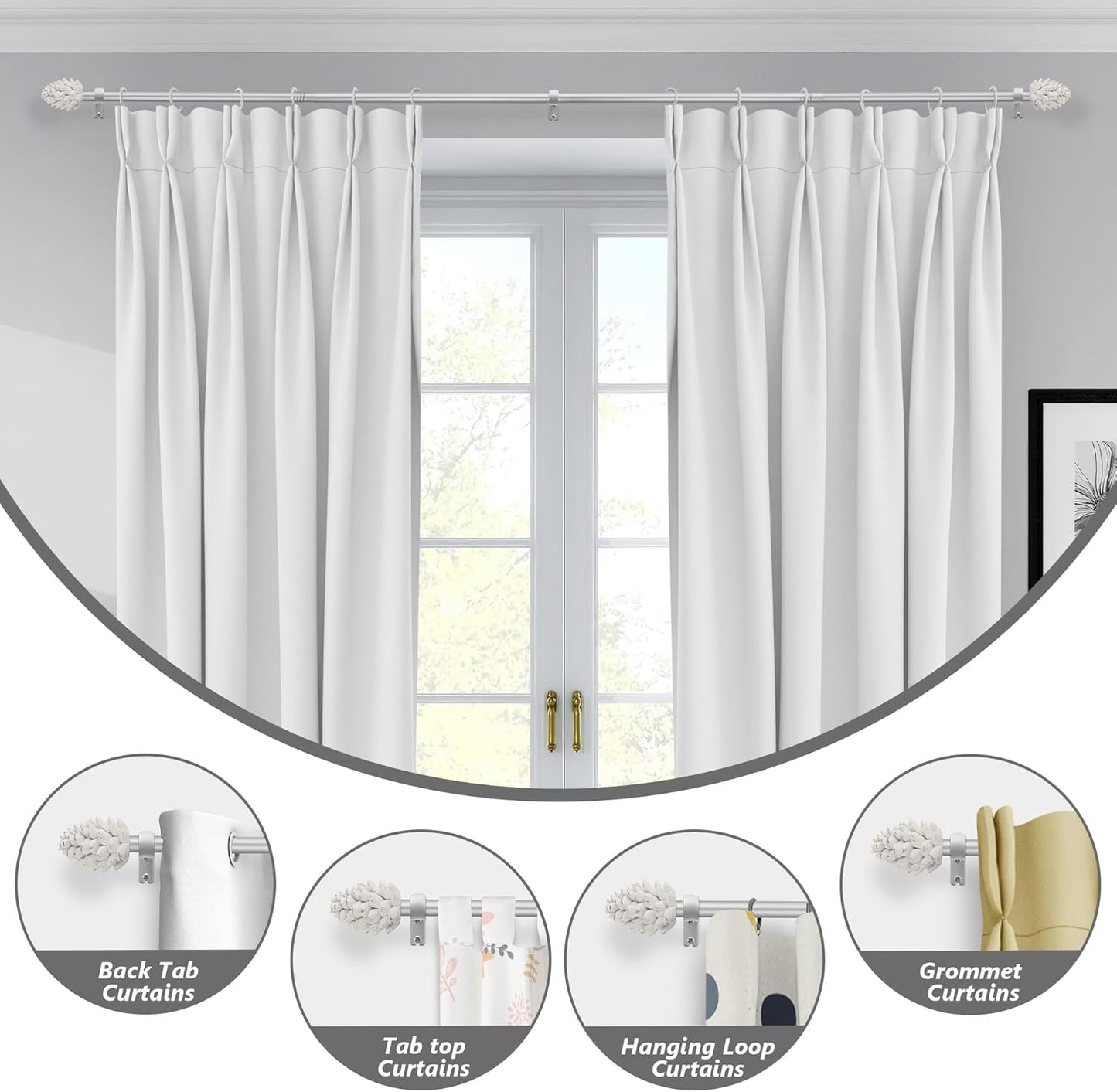 Silver Curtain Rods for Windows 66 to 120 Inches, 1 Inch Diameter Heavy Duty Single Curtain Rod, Adjustable Window Curtain Rod Drapery Rod with Decorative Finials