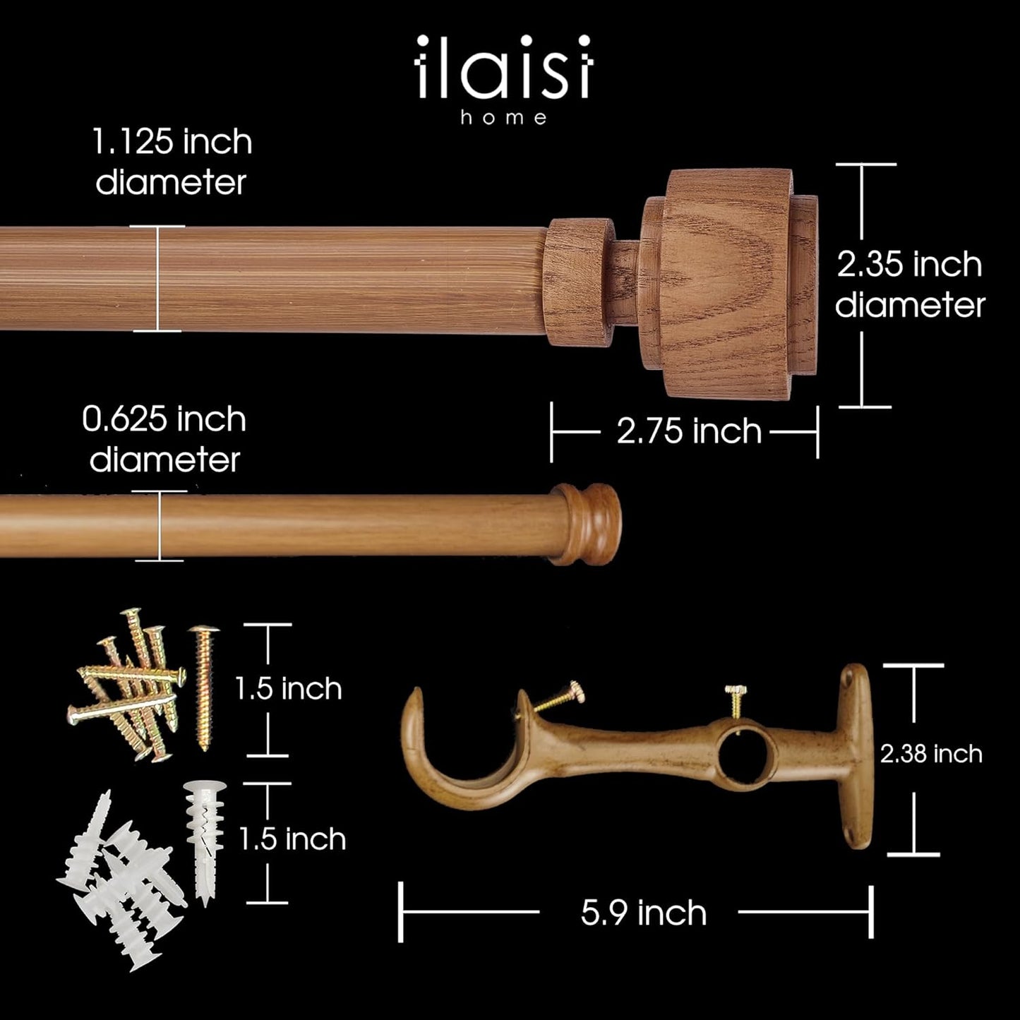 1-1/8 Inch Diameter Faux Wood Curtain Rod with Wood Grain Finials, 36-72 inch Telescoping Double Curtain Rods for window width 24-68 inch, 1 pack