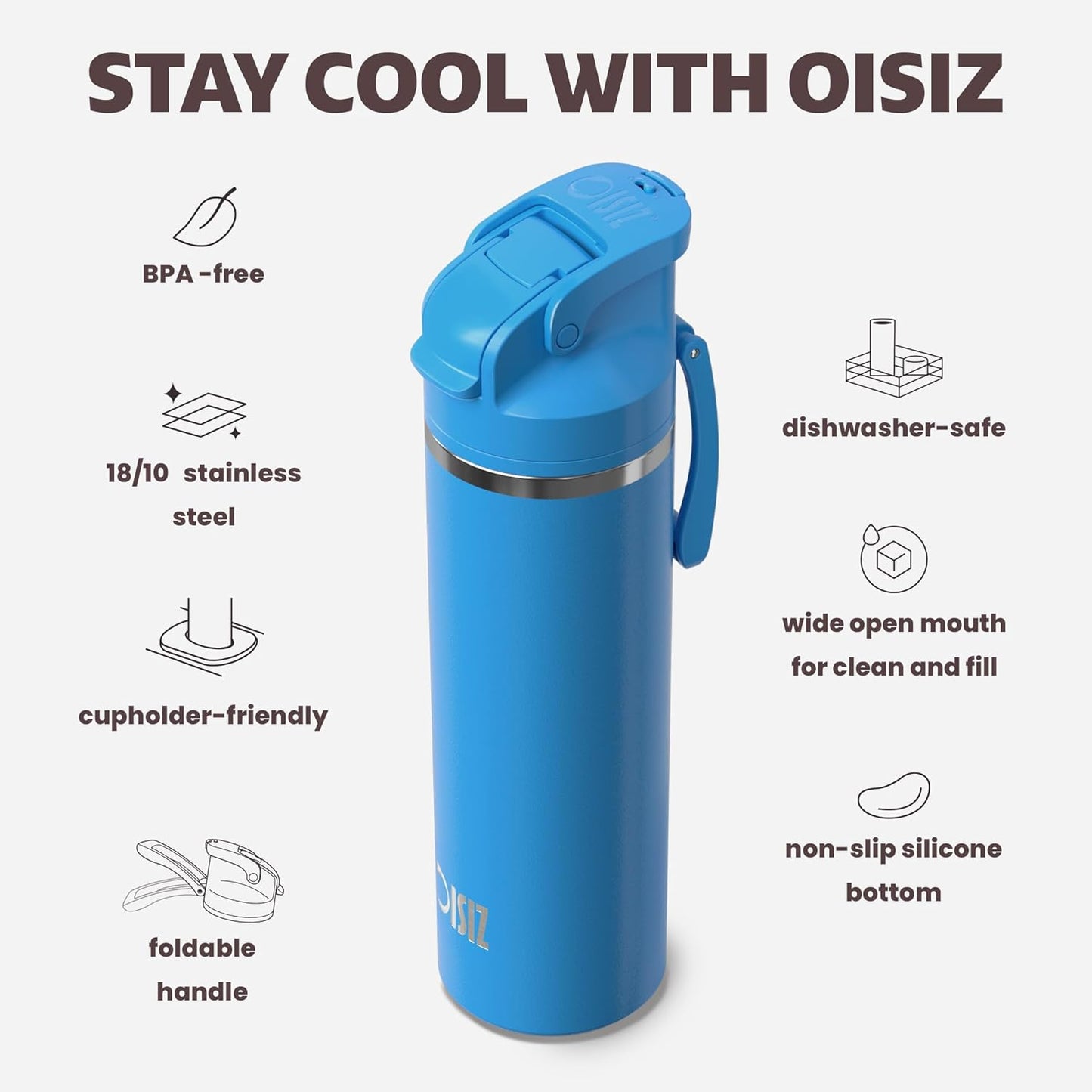 OISIZ Insulated Water Bottle 24 oz with 2 in 1 Spout and Straw Lid,One Click Safety Lock,100% Leakproof,Keep Cold 24H,Vacuum Stainless Steel Water Bottle for School,Travel and Sports,Dishwasher Safe