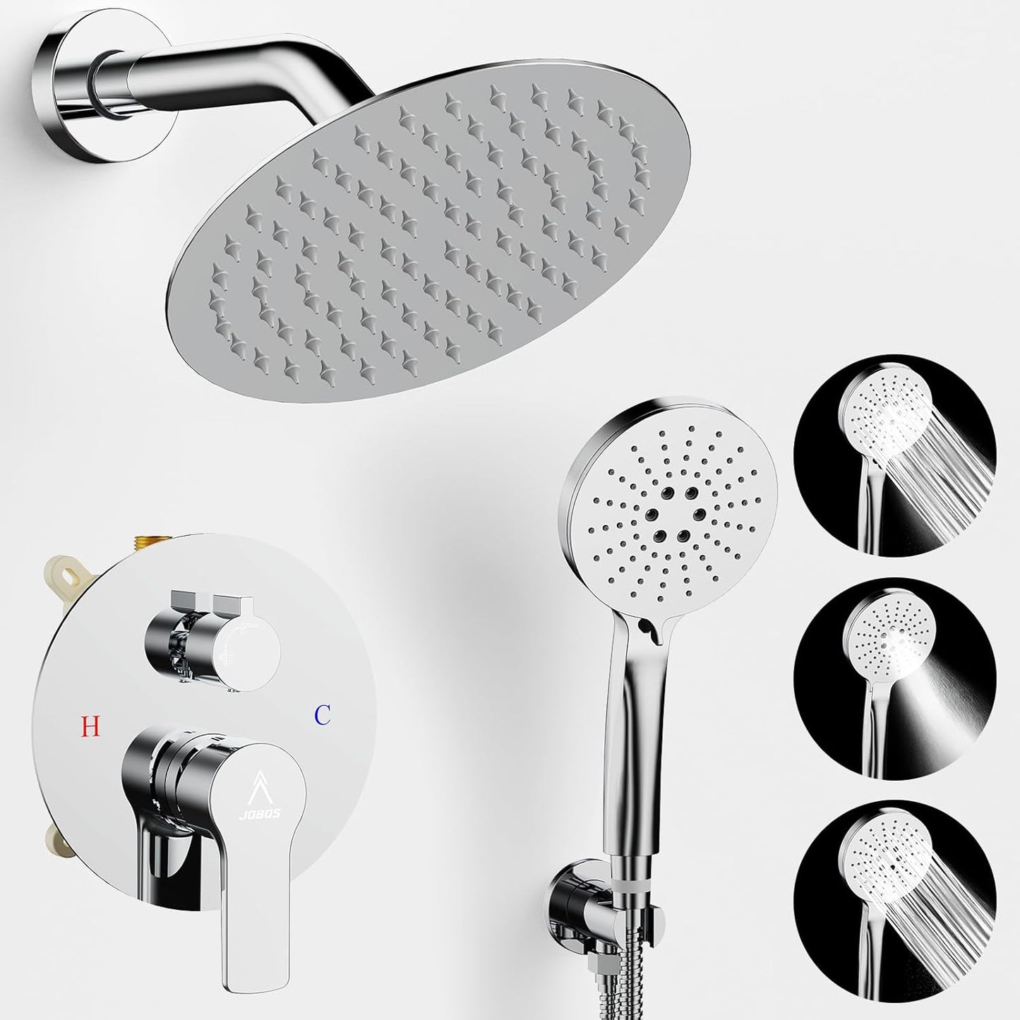 Shower Faucet Set 8IN Brass Rough-In Valve Body Trim Kit Rainfall Included Handle Accessories Complete 2 Functions with Rain Head and Handheld Bathroom Systems (8‘’, Chrome Polished)