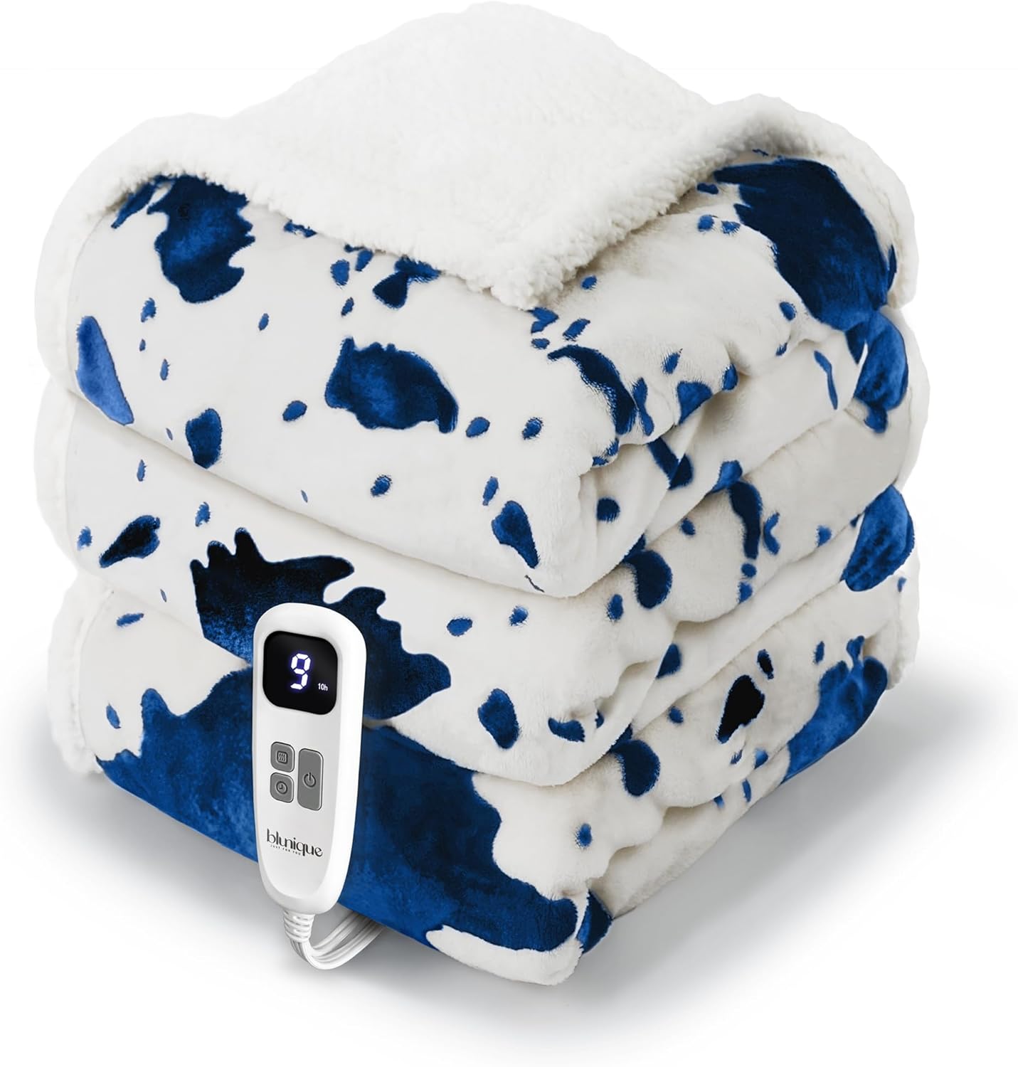 Cow Print Heated Blanket Full-Heating Electric Blanket Full with 10 Heat Levels & 10 Hours Auto-Off, Cozy Soft Fleece Sherpa, Washable, 72 x 84 Inche Cow Print Blue