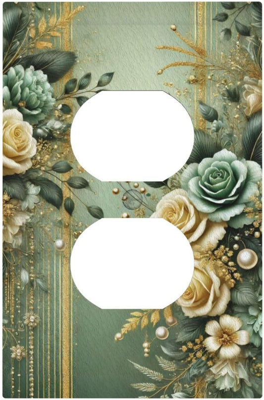 Decorative Outlet Covers Rustic Green Floral Leaves Teal Flowers Gold Stripe 1 Gang Duplex Light Switch Cover Plate Wall Plates for Electrical Outlets Switchplate Faceplate