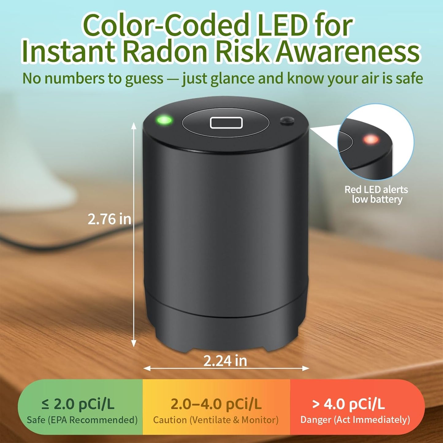 Bluetooth Radon Detector for Home, High-Precision Sensor, Real-Time Radon Gas Monitoring, Short & Long-Term Data with Trend Charts, App Control, Rechargeable Battery, LED Alerts