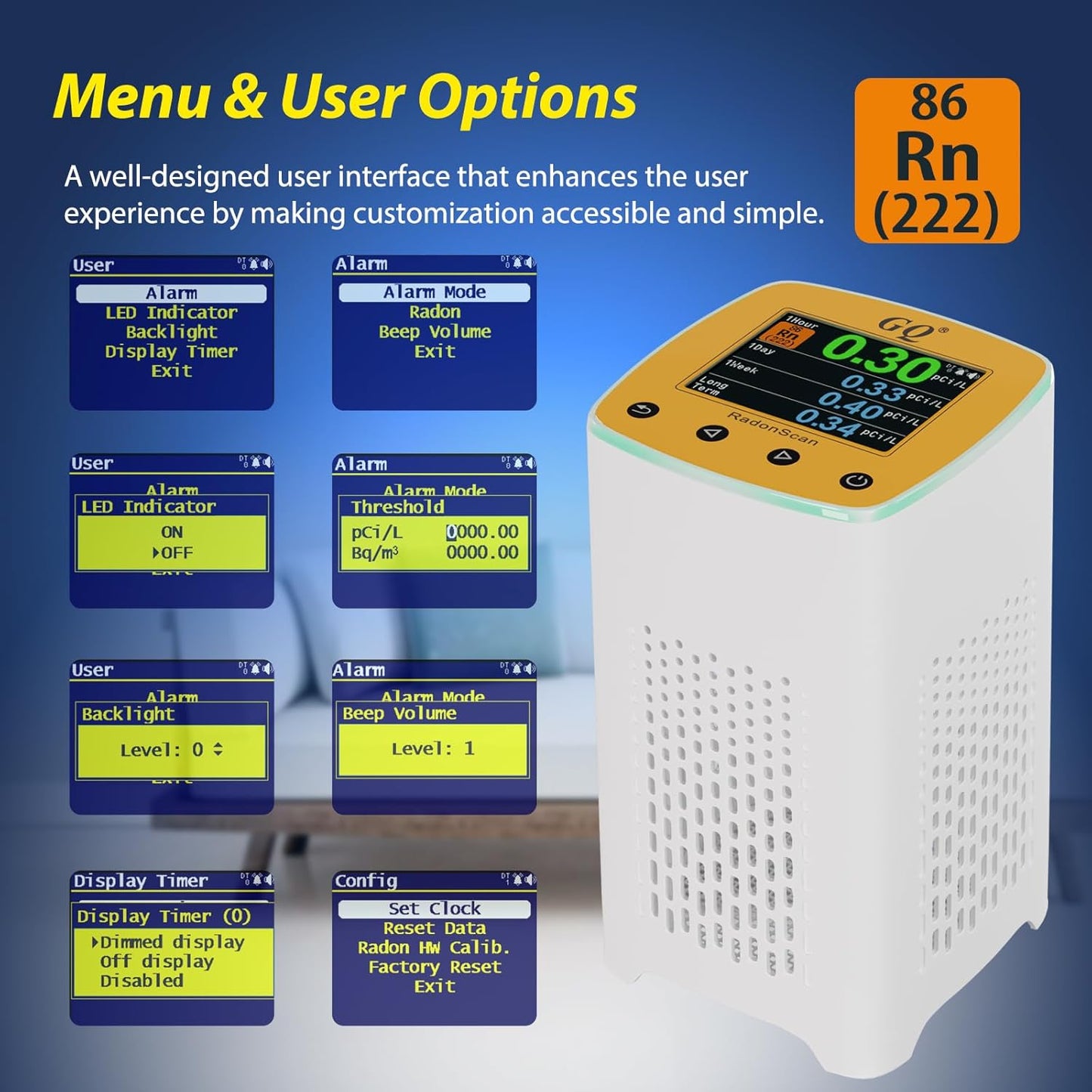 GQ Radon Detector Radonscan Home Radon Monitor Alpha Radiative Gas Radiation Design in USA Large Color Display Short and Long Term continuously Monitor Accurate Fast Sensitive Data Saving