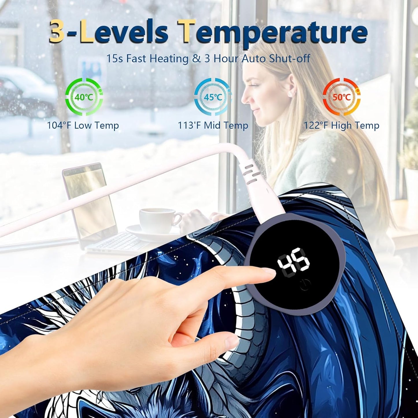 Heated Mouse Pad with 3 Temperature Settings(104°F–122°F),Large 24x14.2 Inch PU Leather Heated Desk Mat,Waterproof Warming Pad for Office,Gaming & Cold Hands Relief,Dragon and Wolf