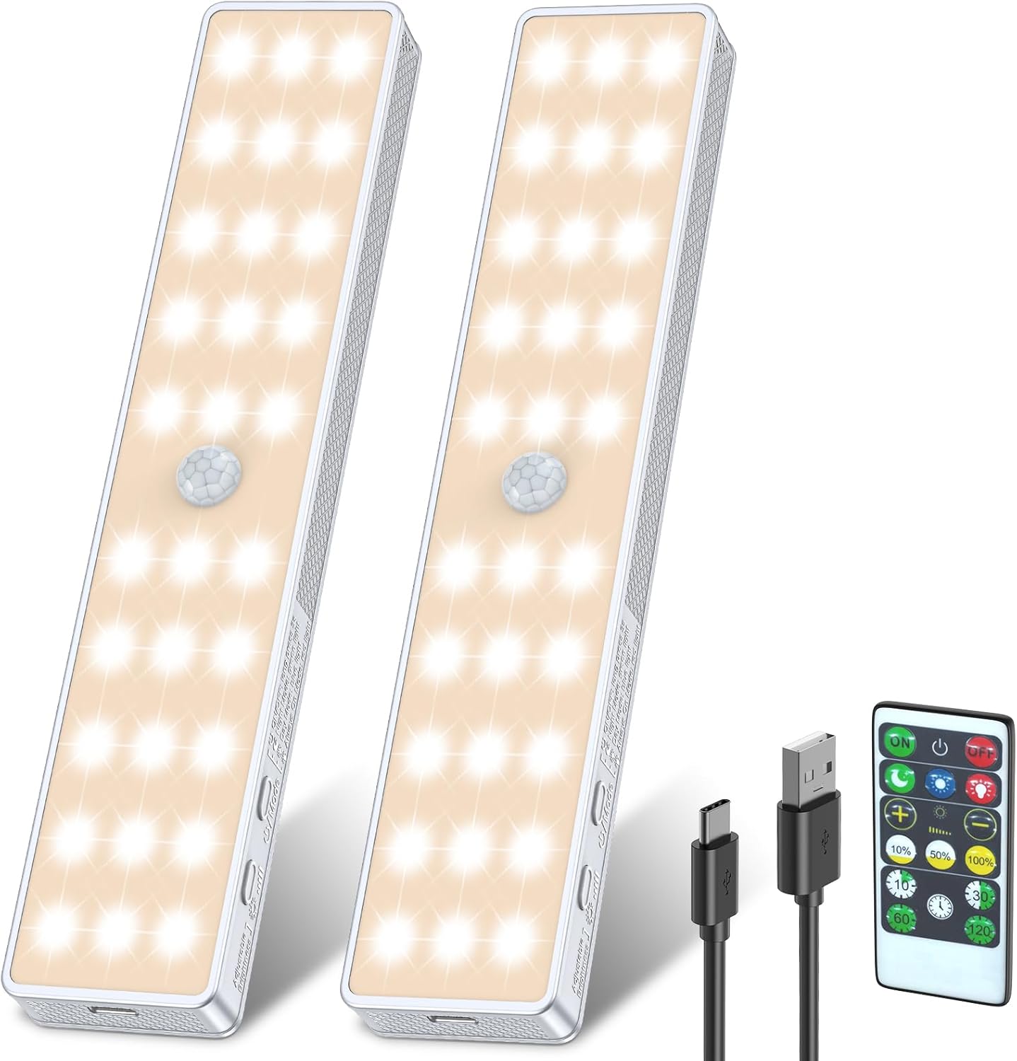 LED Closet Light, 30LEDs Dimmer USB Rechargeable Motion Sensor Light Under Cabinet Lighting, Stick-Anywhere Night Safe Light Bar for Wardrobe,Kitchen-2 Pcs, Warm