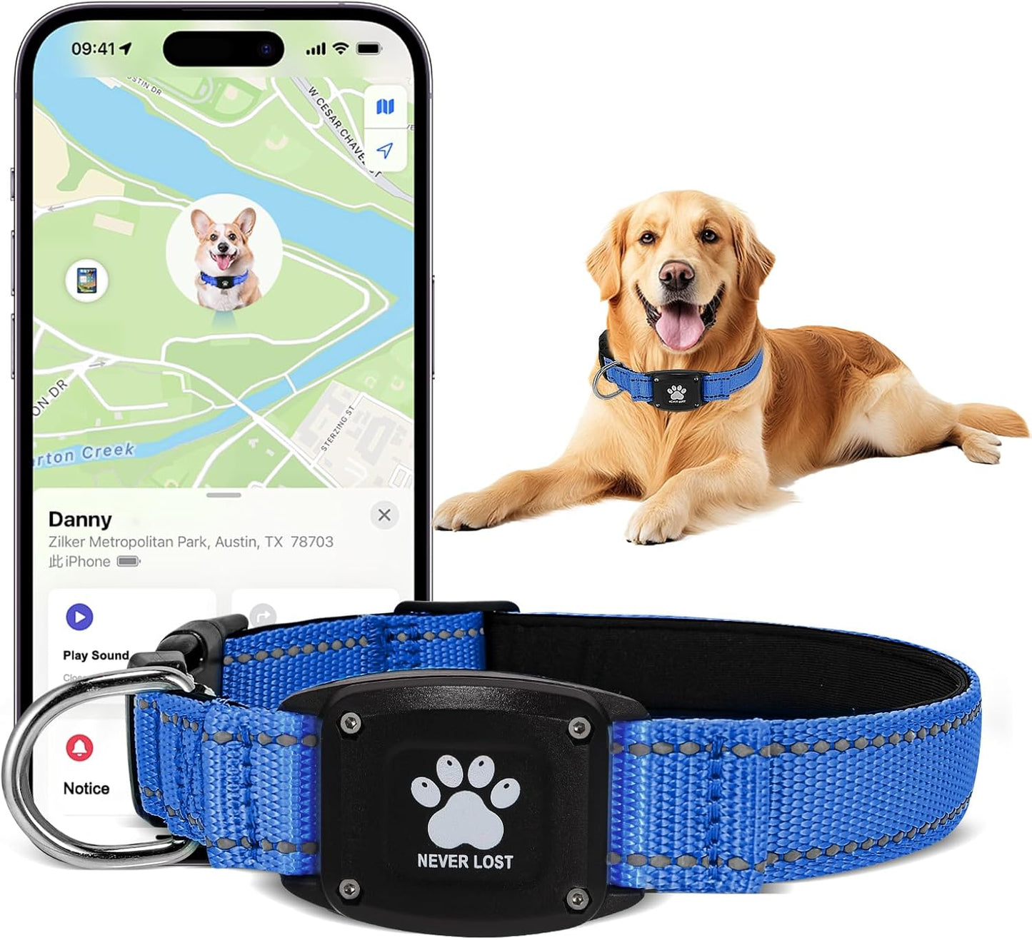 GPS Dog Collar Tracker 2-in-1,Reflective Waterproof Pet Collar,iOS-Only,No Monthly Fees,Unlimited Range,Ideal for Dog Tracking pet Tracker,for Small Medium Large Dogs(XS (10.6"-13.6"), Blue)