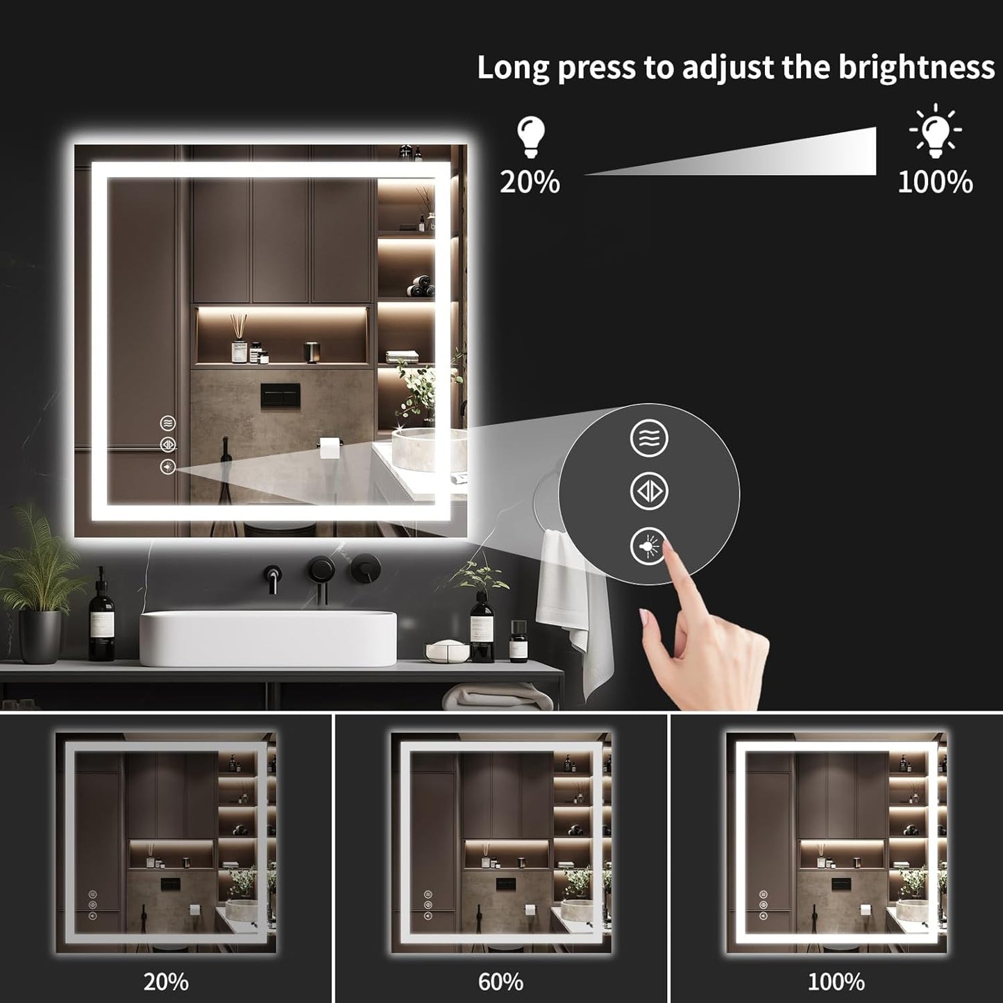 36"x36" LED Bathroom Mirror with Lights, Dimmable, Anti-Fog, Lighted Bathroom Vanity Mirror for Wall, Backlit + Front Lit, Memory Function, Shatter-Proof, Tempered Glass