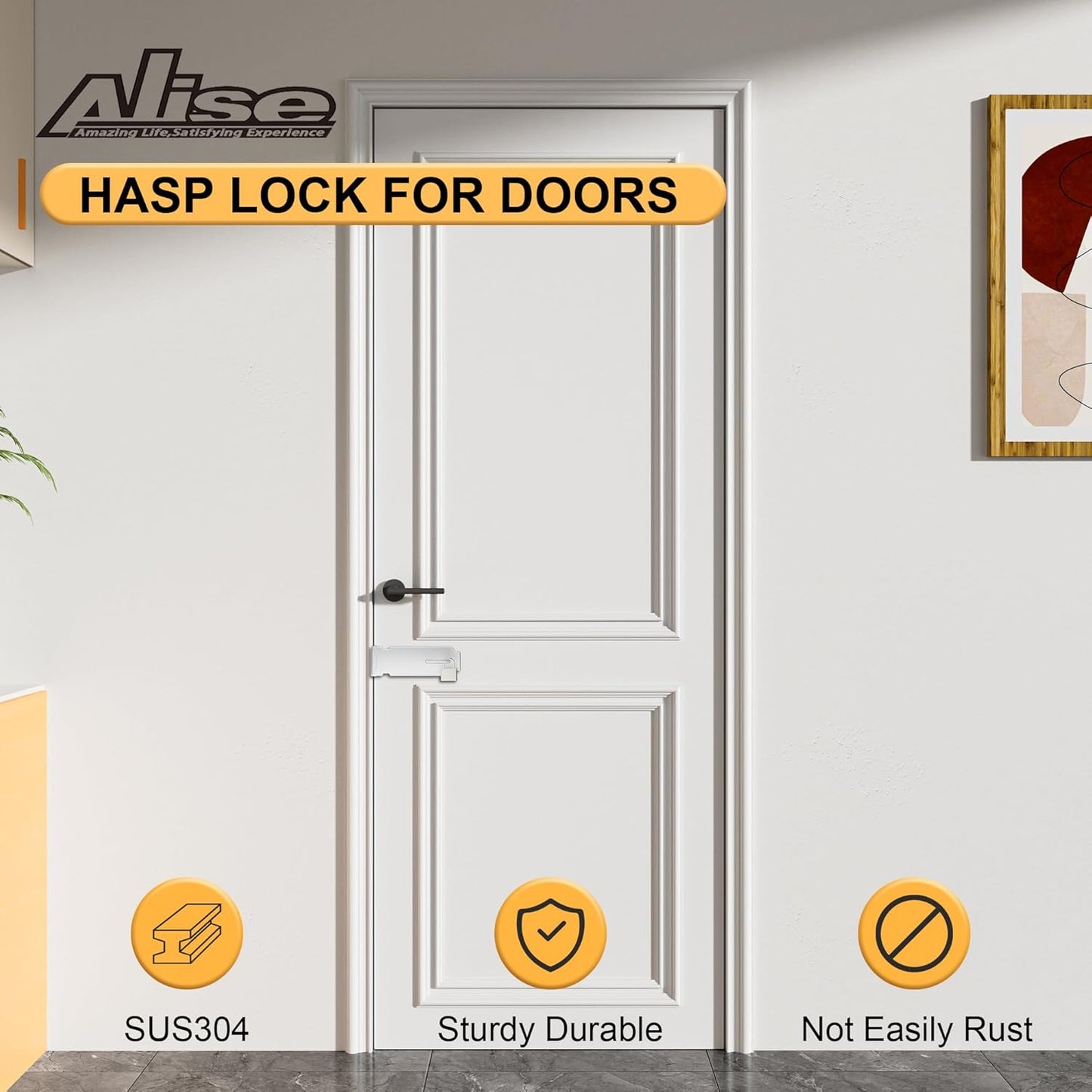 Alise Door Lock Hasp Latch with Padlock,4 Inch SUS 304 Stainless Steel Safety Packlock Clasp Hasp Lock Latch, with Fixing Screw for External Doors Window Cabinet Pet Cage, White Finish,MST009-W