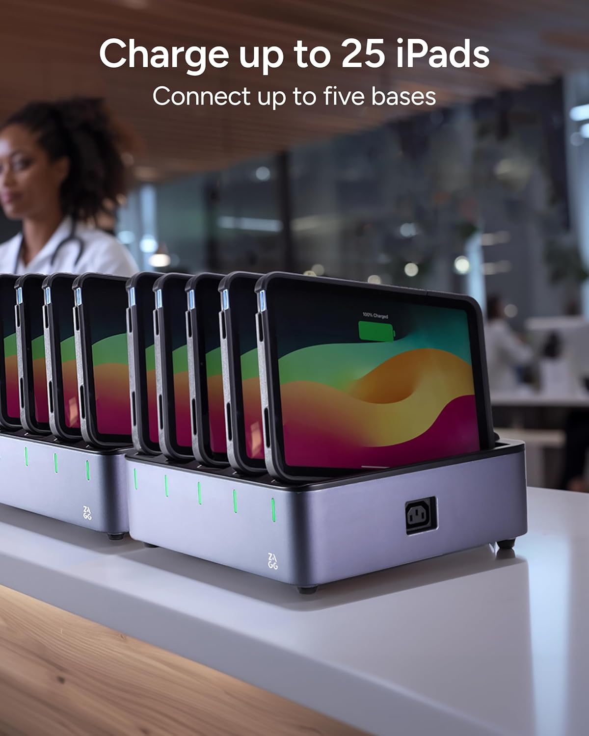 ZAGG ChargeStation Pro for iPad (10th Gen)/ iPad (A16) - Lockable Wireless Charging Station with 5 Rugged Cases – Charges 5 iPads – for Schools, Hospitals, Business & Enterprise
