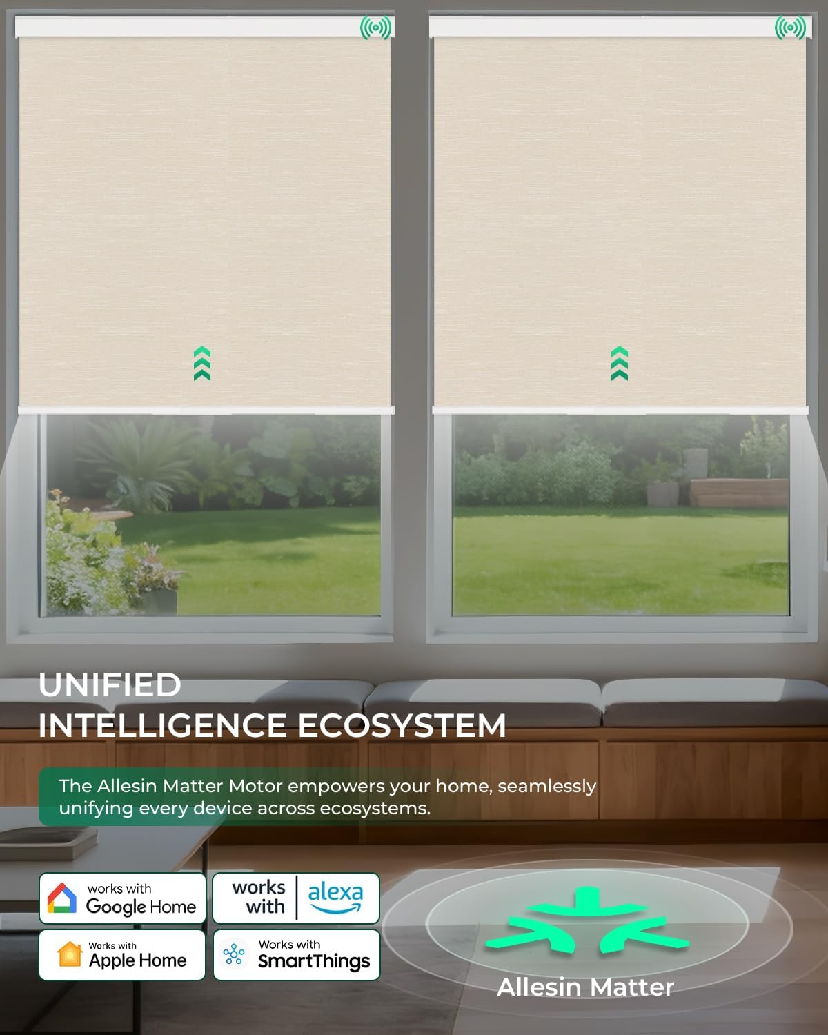 Allesin Motorized Roller Blinds – Rechargeable Smart Shades with Remote & Quiet Motor, Top/Bottom Aluminum Rails, Alexa-Compatible for Window (Custom Size, 100% Blackout Wheat-Jacquard)