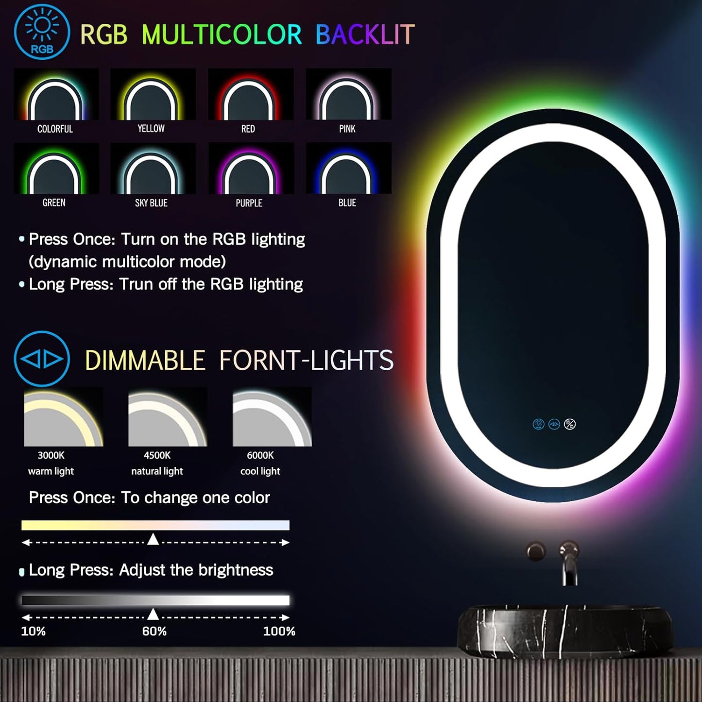 THEKLA 16 x 24 Inch Oval LED Vanity Mirror with Lights Smart Dimmable 3 Color+ Rainbow RGB Color Changing Backlit 24" Oval Lighted Mirror for Bathroom Wall Horizontal/Vertical Mount Anti-Fog