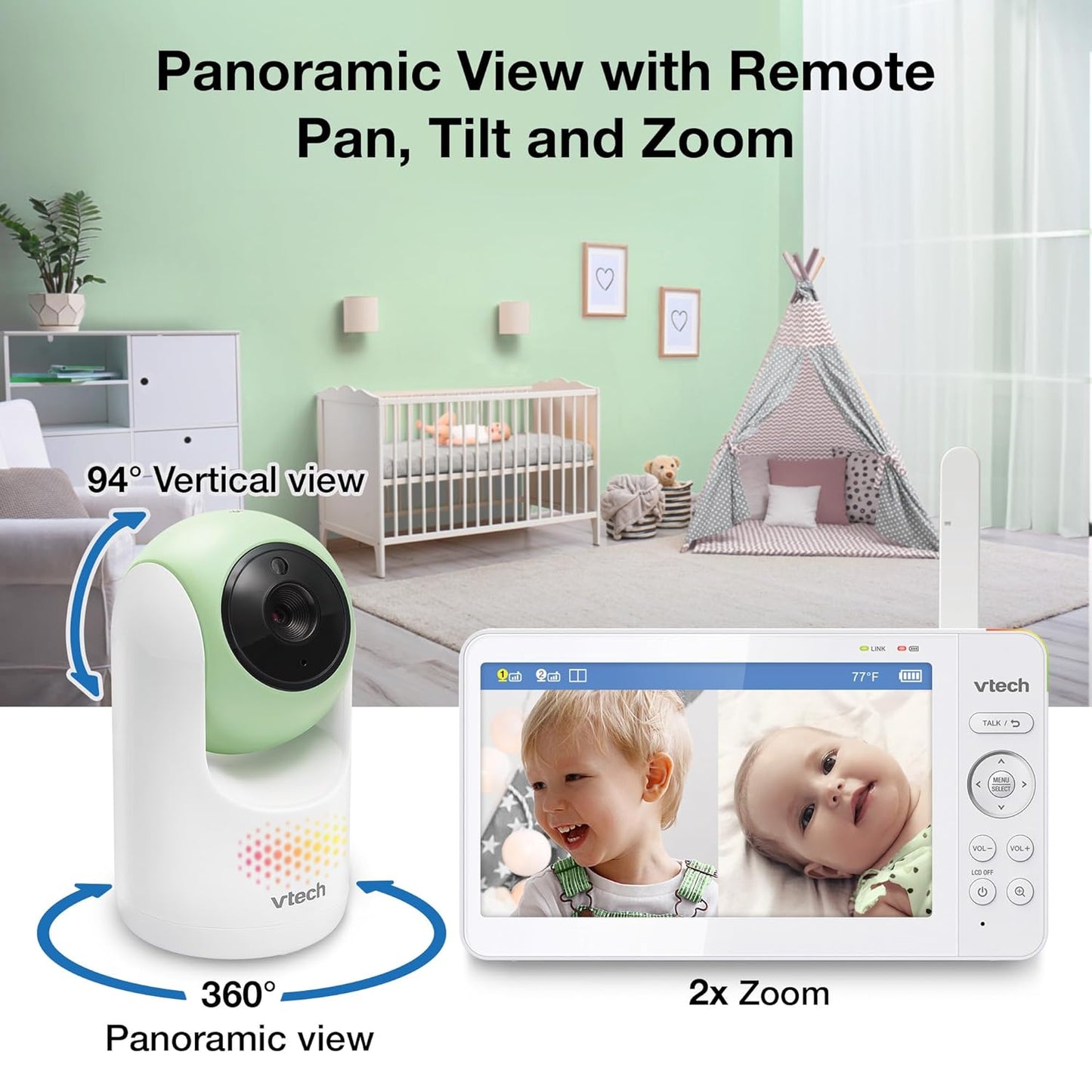 VTech 2-Cameras Video Baby Monitor with 7" Color LCD Screen, Rechargeable Battery, Video and Audio Streaming, Pan-Tilt-Zoom, Touch Multi-Color Night Light, Two-Way Talk: Advanced Max Twin (Green)