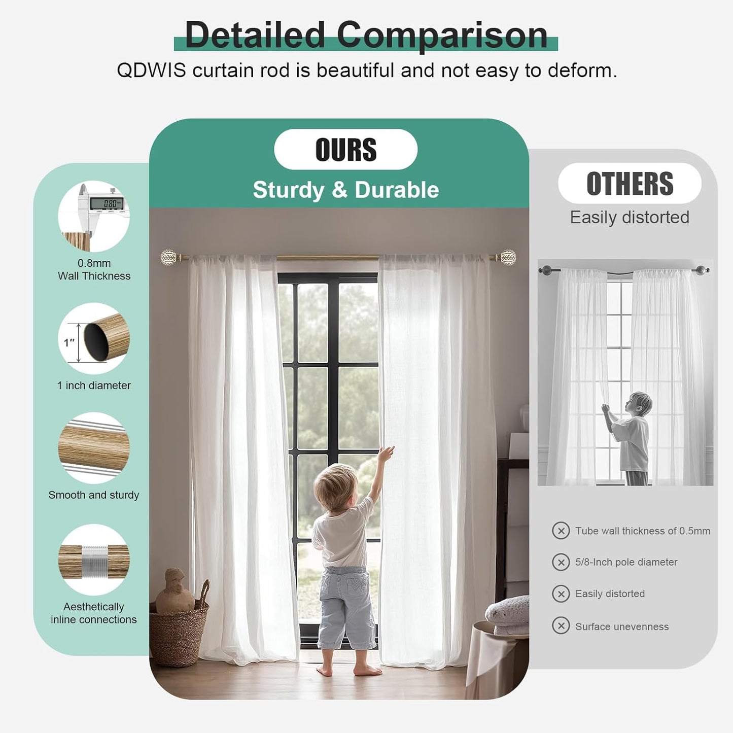 Boho Wood Curtain Rods for Windows 48 to 84 inch,1" Adjustable Heavy Duty Window Curtain Rod with Imitation Wood Grain Finials,Rustic Decorative Drapery Rods Set,Size:36-88'',Weathered Wood