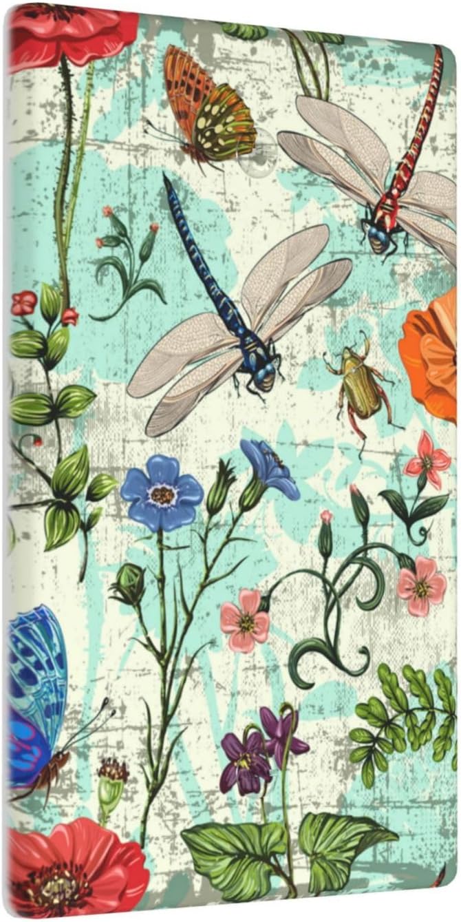 Dragonflies Flowers Butterfly 1 Gang Single Blank Outlet Light Switch Cover Decorative Single Blank Wall Plate Cover For Home Living Bedroom Kitchen Decorative