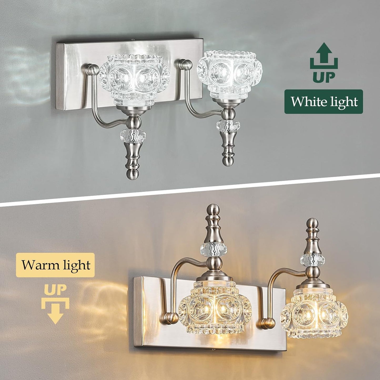 Modern Glass Crystal Vanity Light - Vintage Bathroom Lighting Fixtures Over Mirror, 2 Light Vanity Lights G9 Bulb (11.81 Inch, Nickel)