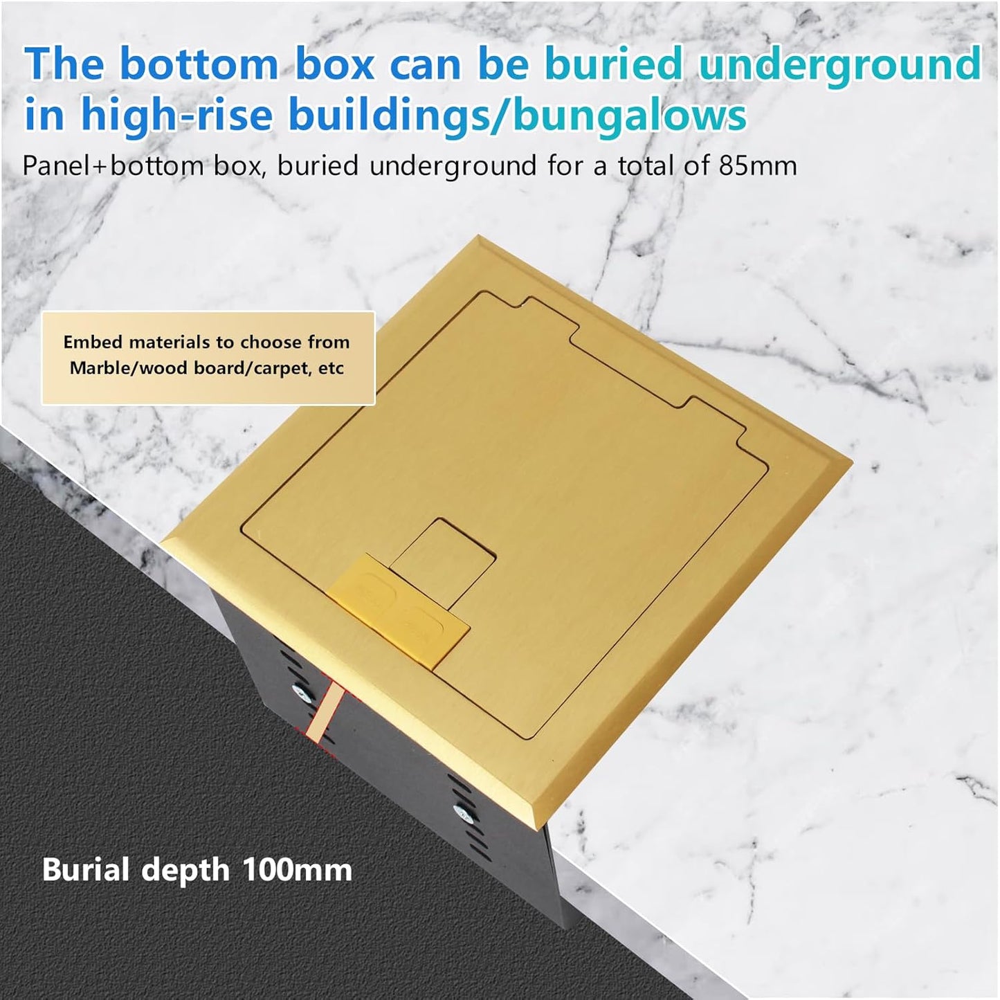 KYHSHJ Recessed Flat Hidden Socket Kit with 2 * 15A Receptacle，4.8A 1 USB-A Ports &1 USB-C Port+3-Port RJ45 Datacom Receptacle. Internal Height Adjustable，Corrosive Resistant Hardware,Brass