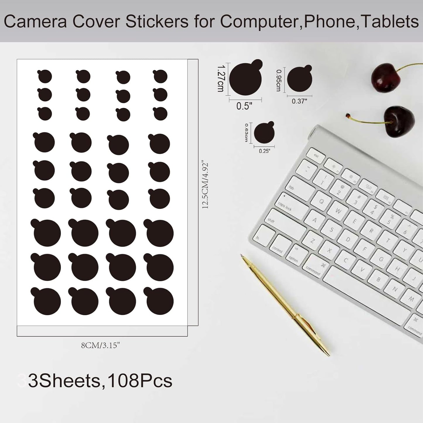 108 PCS Phone Camera Cover, Black Webcam Cover Vinyl Stickers, Camera Covers for Computer,Cell Phone,Laptops,Electronics(Multiple Sizes)