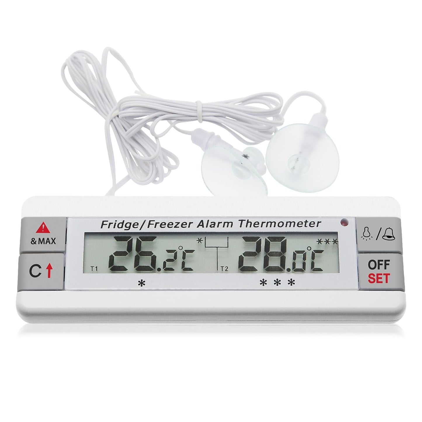 Digital Refrigerator Thermometer 2 Channel Freezer Thermometer with Alarm Sound Reminder Thermometer Fridge with Max/Min Temperature Record Freezer Alarm with Magnetic Back for Home Kitchen