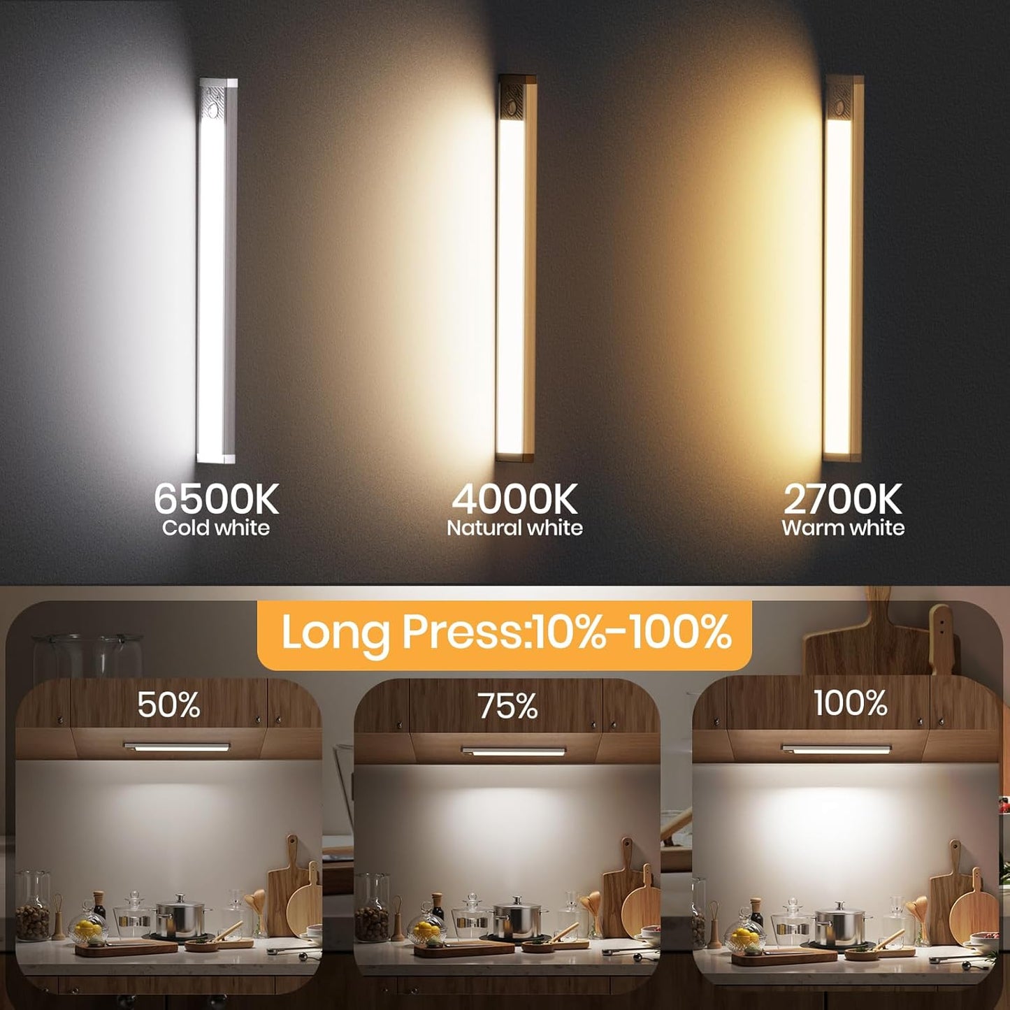 Under Cabinet Lighting, 3 Color Under Cabinet Lights Motion Sensor, 3200mAh Rechargeable 118LED Magnetic Light Bar Indoor, Wireless Battery Operated Closet Lights for Kitchen Home Stairs, 2Pack