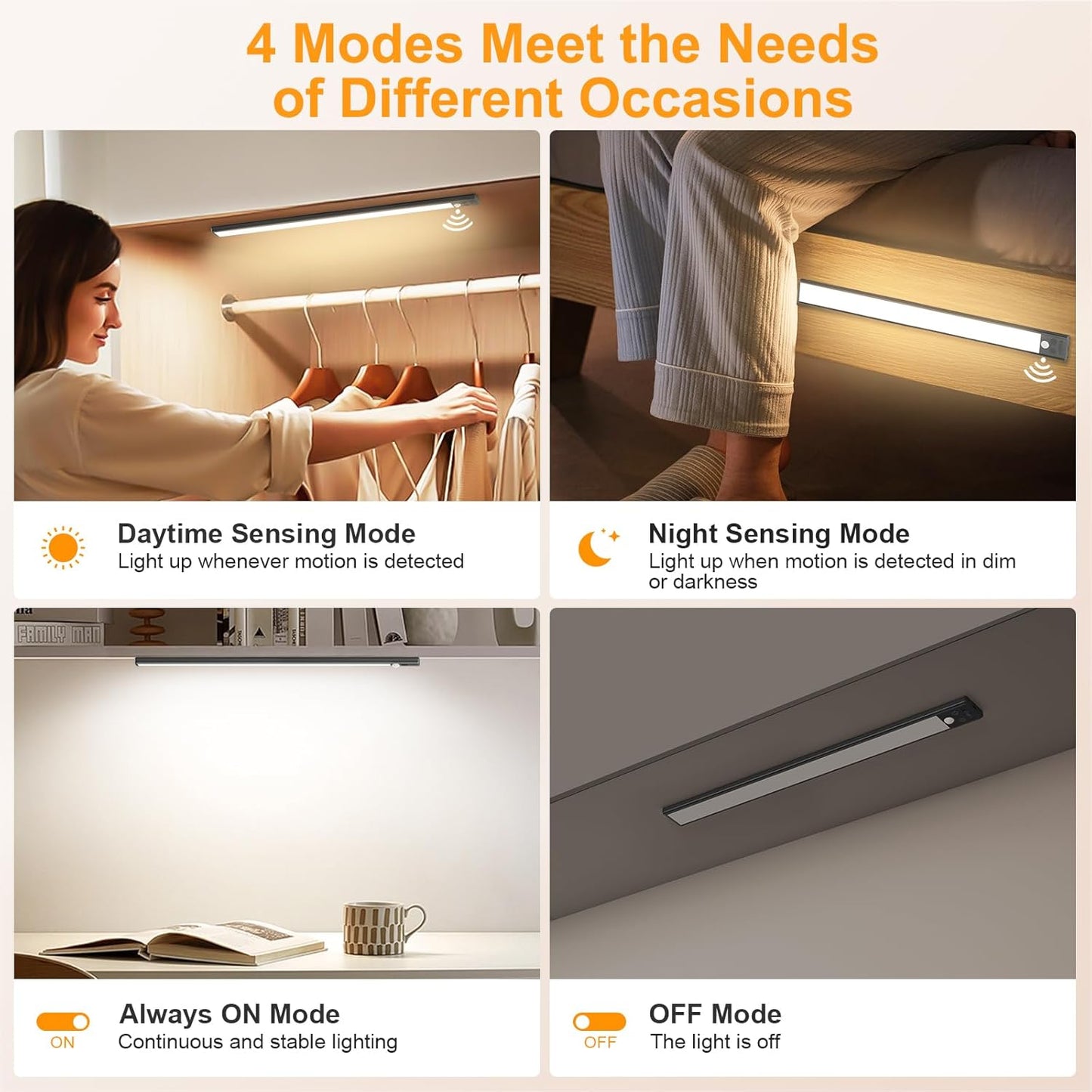 Gritin 14.7inch Under Cabinet Lighting Rechargeable - 128 LED Super Bright, 3-Color&5 Level Brightness, 4 Modes, Motion Sensor, Long Lasting-Easy Installation Magnetic Closet Lights - 2 Pack-Black