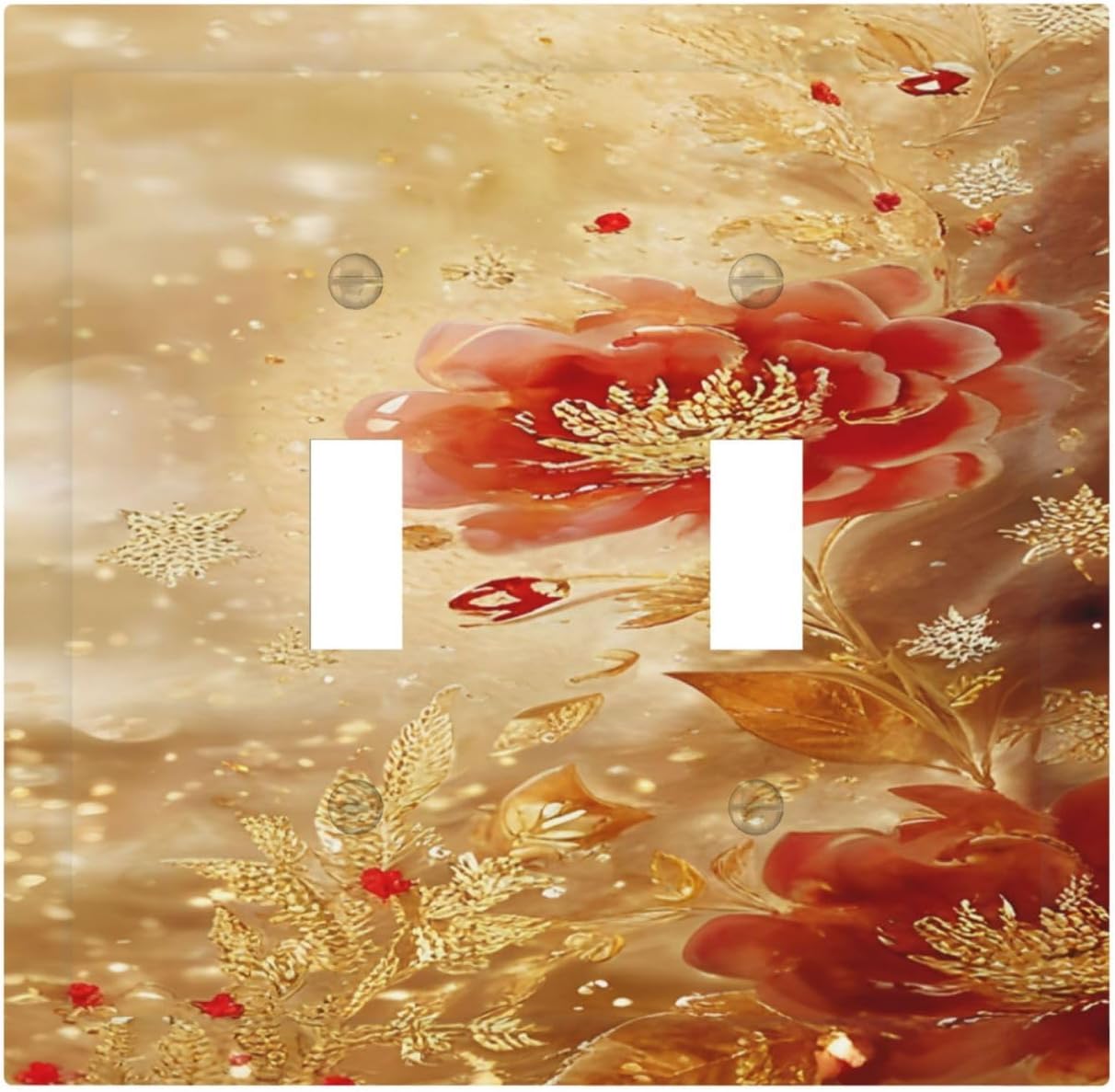 Decorative Light Switch Cover Plate Golden Leaf Red Peony Flowers Floral 2 Gang Wall Plate Oversized Double Toggle Two Switch Wall Cover Plate Dual Device Faceplate