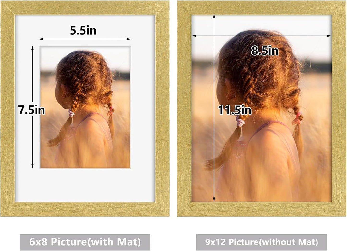 Golden State Art, 9x12 Picture Frame with Mat for 6x8 - High Definition Glass Wall Mounting Horizontal Vertical Display (Gold, 1 Pack)