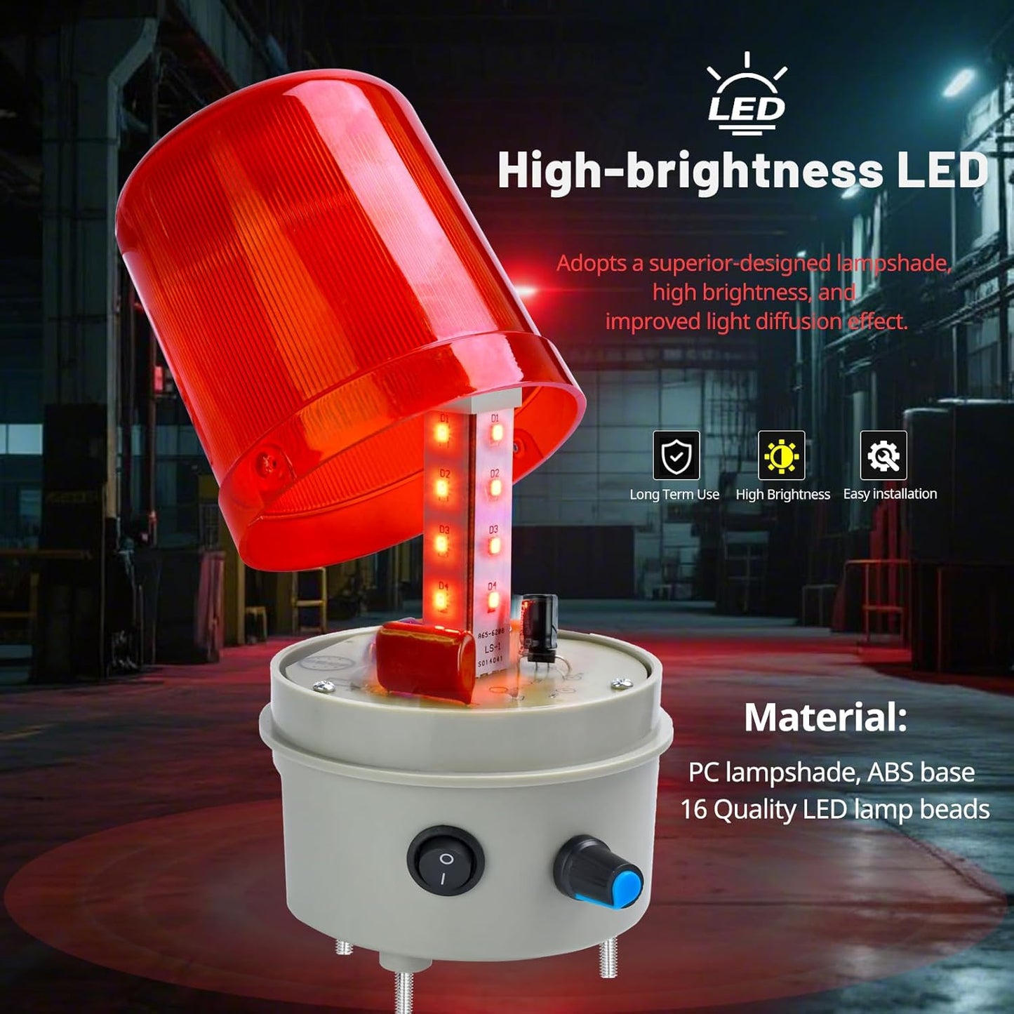 Industrial Warning Light LED Rotating 110V-120V AC Red for Public Emergency Alarms Indoor/Outdoor Safety Siren with Volume Adjustment and Buzzer