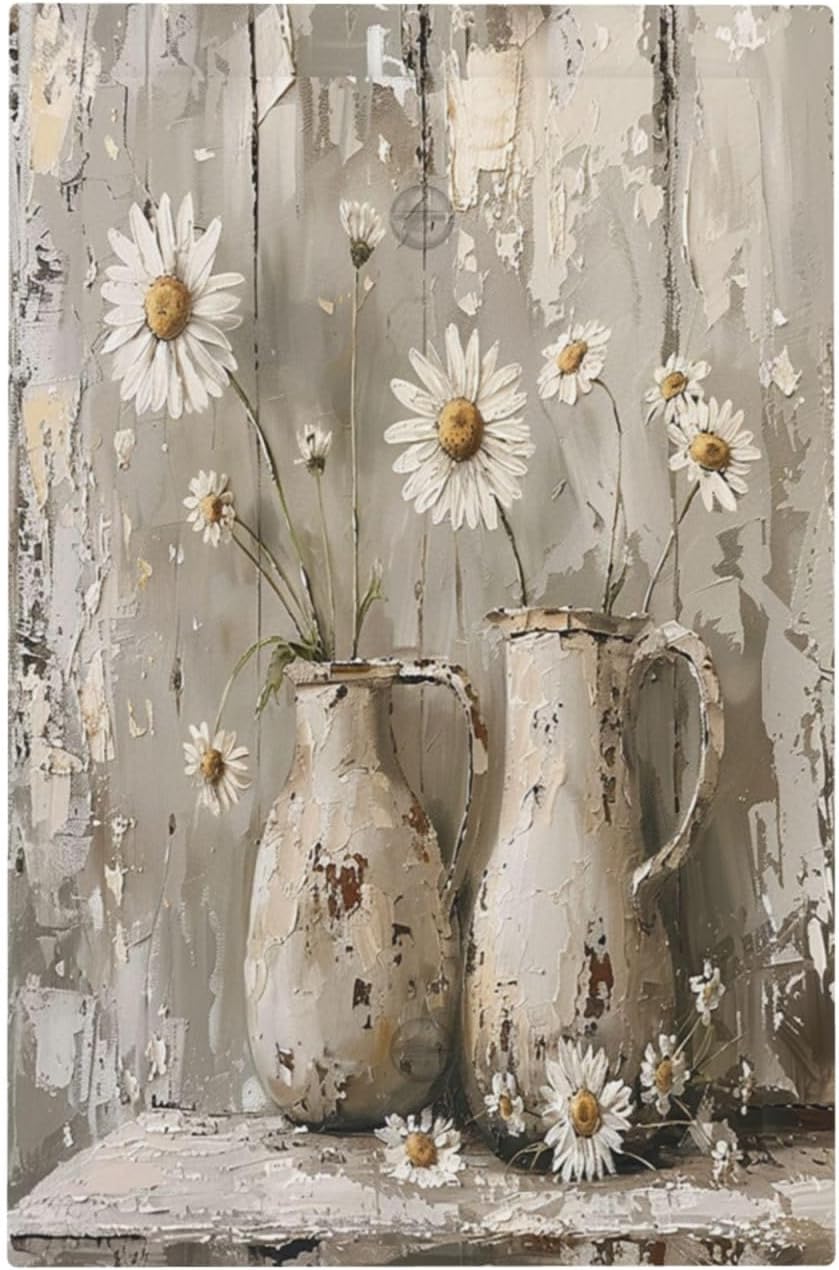 Light Switch Cover Plate Vintage Rustic Floral White Daisy Flower Oil Painting Style 1 Gang No Device Blank Electrical Wall Plates Faceplate Decorative Switch Plate for Home Farmhouse Decor
