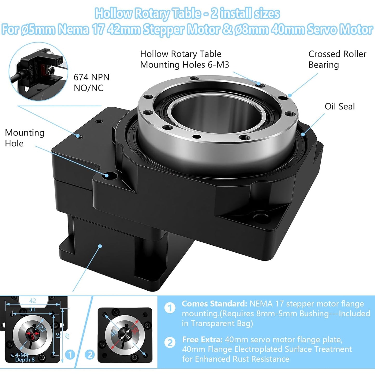 Hollow Rotating Platform Ratio 5:1 High Precision Planetary Gearbox Gear Hollow Rotary Actuator 360 Degree Electric Rotary Table for Nema17 42mm Stepper 40mm Servo Motor CNC Robot Arm