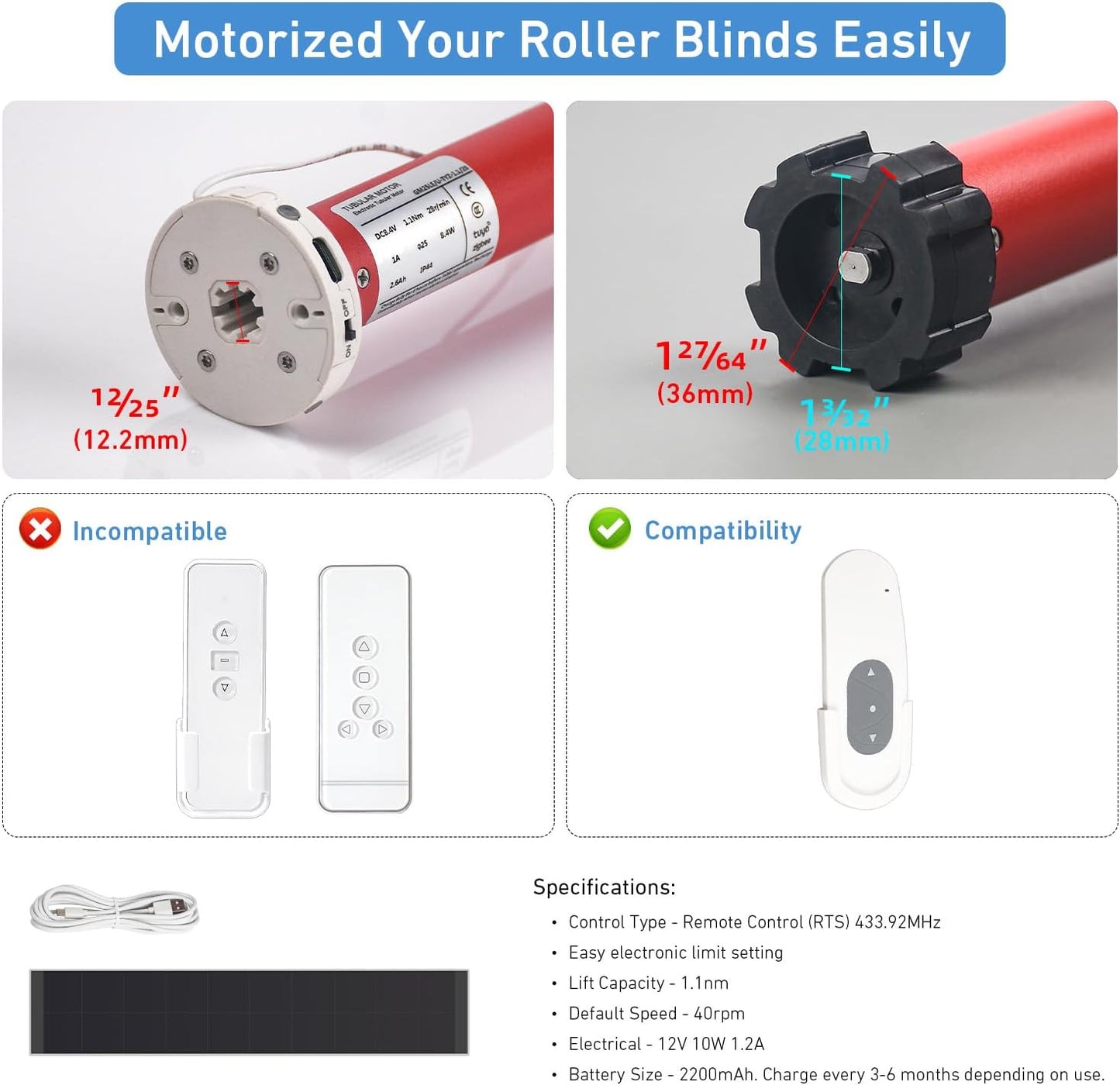 Zigbee Roller Blinds Motor – Smart Tubular Motor for 1-1/2" (38mm) Tubes – 5V Rechargeable, Works with Tuya Zigbee Gateway – Voice & App Control (Alexa/Google Home) Controlled Motors for Smart Shades