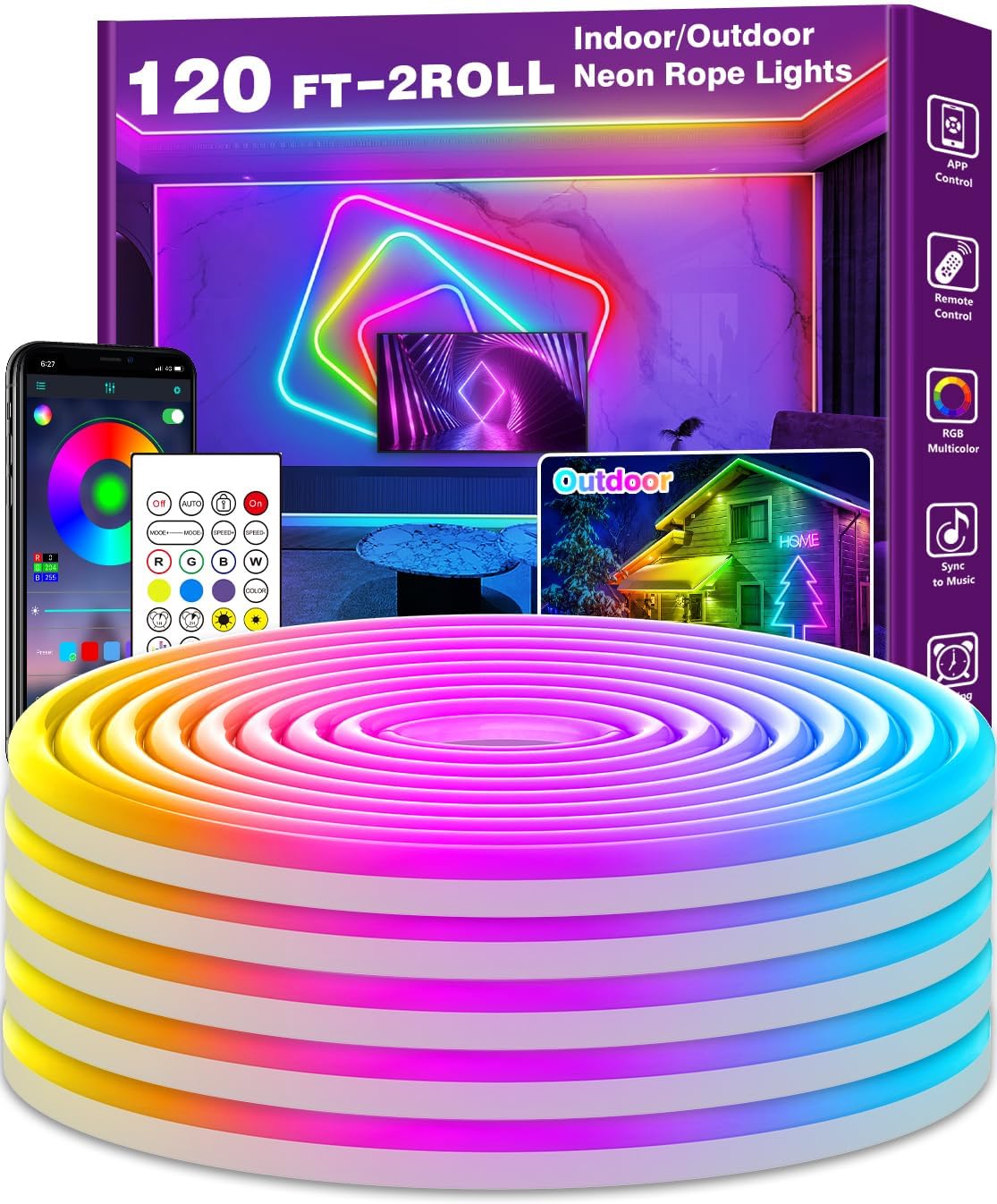 AILBTON 120Ft Neon Rope Lights,Flexible Led Rope Lights Control with App/Remote,Multiple Modes Rope Lights,IP65 Outdoor RGB Led Neons Lights,Music Sync Gaming Led Neon Light Strip for Bedroom Decor