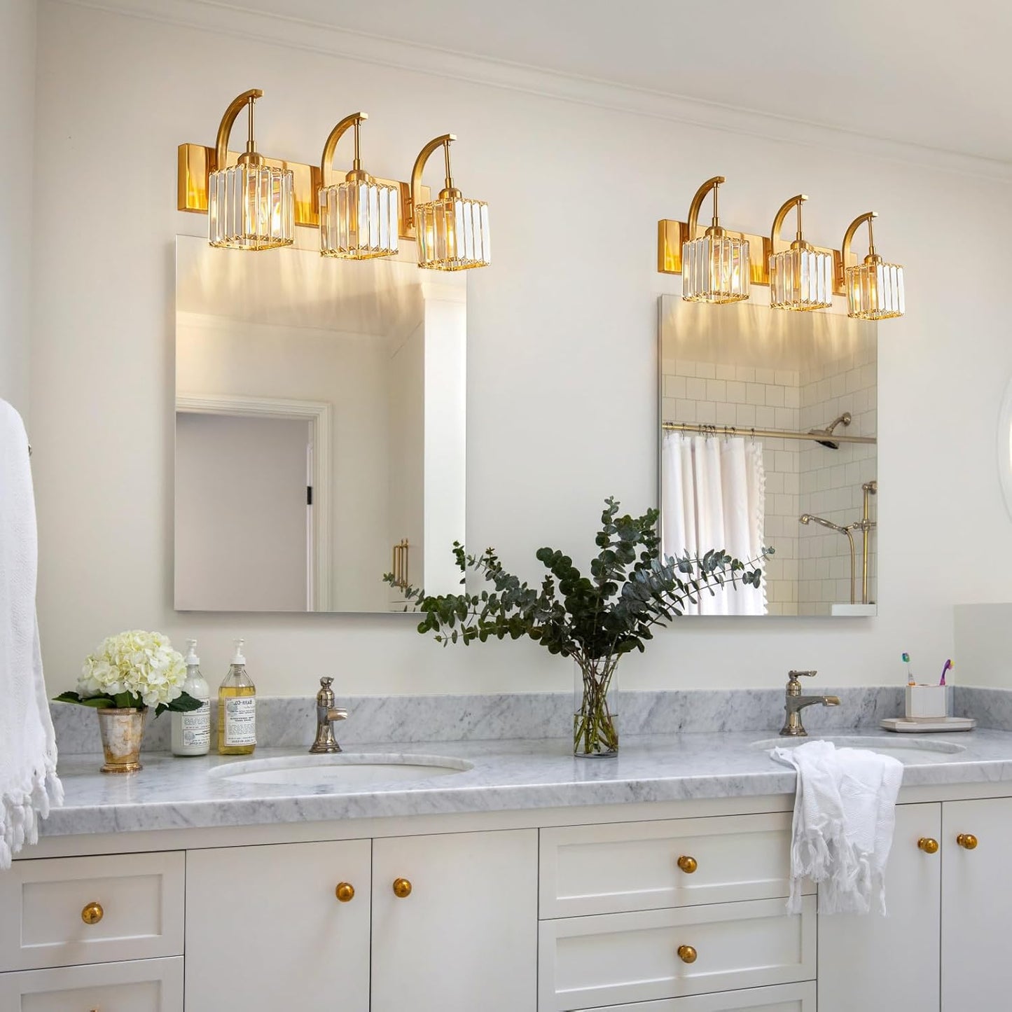 Crystal Vanity Lights 3-Light Gold Bathroom Vanity Lights Modern Crystal Bathroom Light Fixtures Over Mirror 23.62" Long Vanity Light for Bathroom