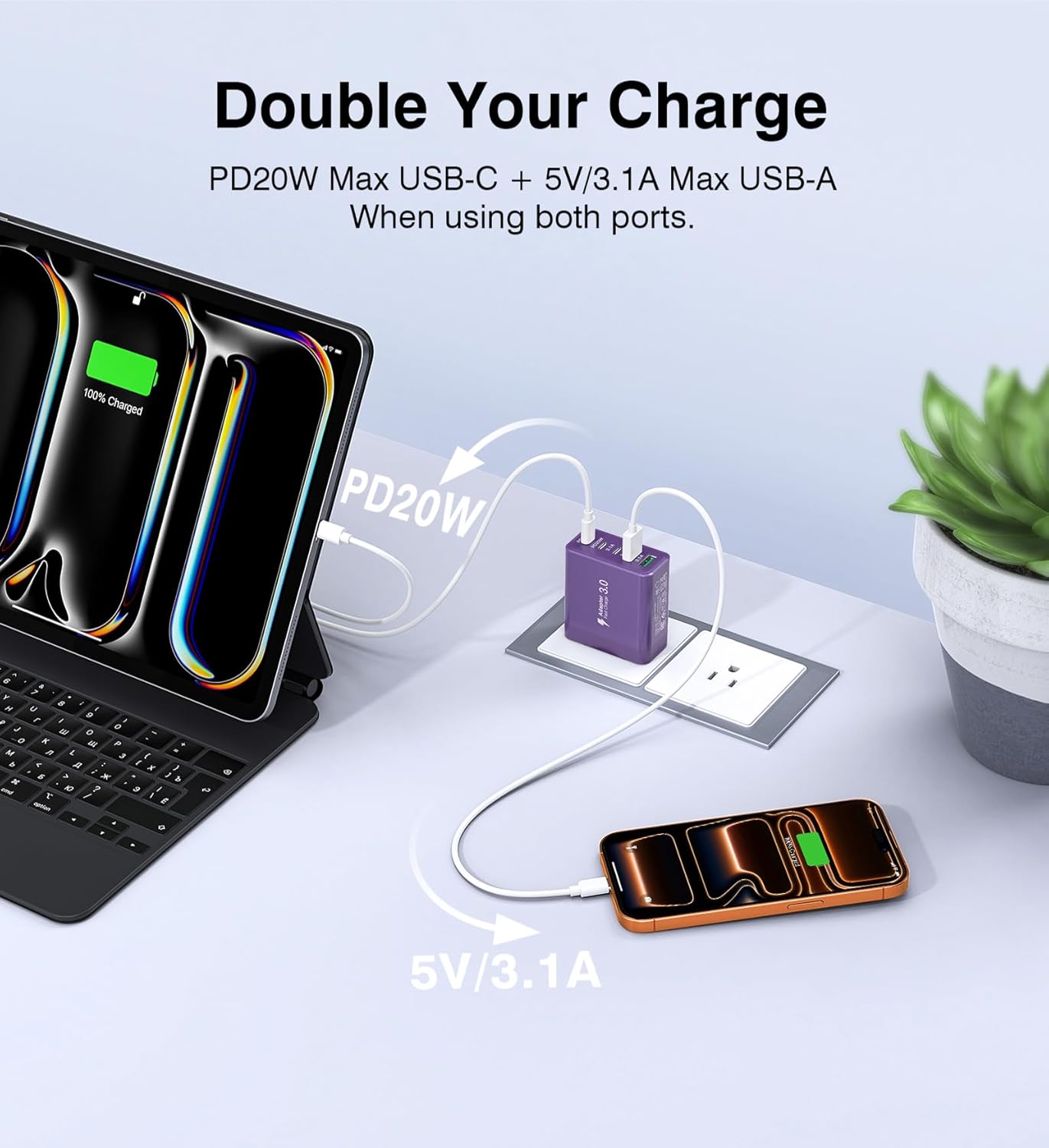 [2-Pack] USB C Wall Charger, 60W Fast USB C Charger Block, 5-Port PD Power Adapter + QC Wall Plug Multiport Type C Charging Block Cube Compatible with iPhone 17 16 15 14 13 12 Pro Max XR XS, Purple