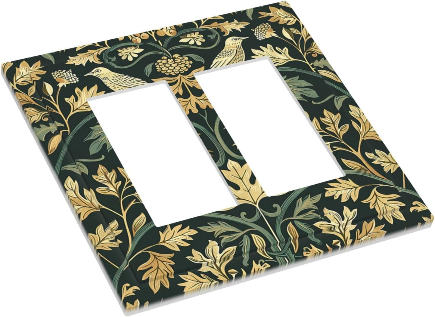 Decorative Outlet Covers William Morris Vintage Botanical Birds Golden Green Leaves 2 Gang Double GFCI Rocker Electrical Wall Panels Light Switch Cover Plate for Bedroom Home Decor