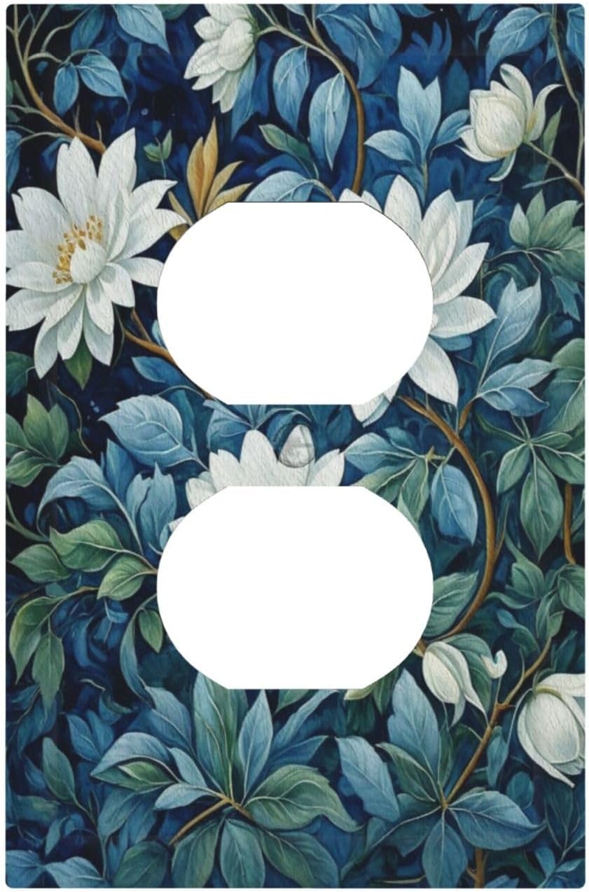 White Flowers Green Leaves Light Switch Cover 1 Gang Outlet Plate Single Duplex Wall Plate Covers Decorative Switchplate Covers Electrical Faceplate for Home Decor