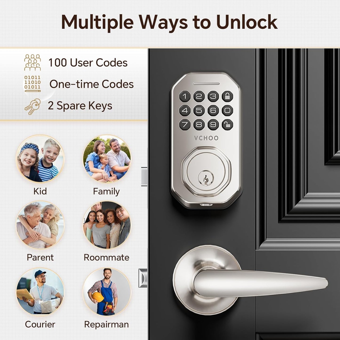 Keyless Entry Door Lock Set Smart Locks for Front Keypad Door Lock with Handle Low Battery Warning Automatic Lock One Time Password Anti Peeping Password IP54, Satin Nickel