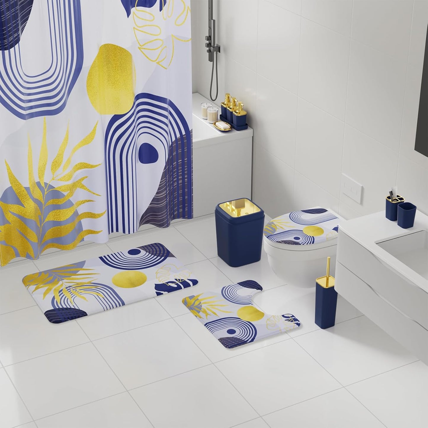 Bathroom Set - Bathroom Sets with Shower Curtain and Rugs, Bathroom Accessory Set, Navy Blue Bathroom Accessories Set with Trash Can, Toilet Brush and Soap Dispensers
