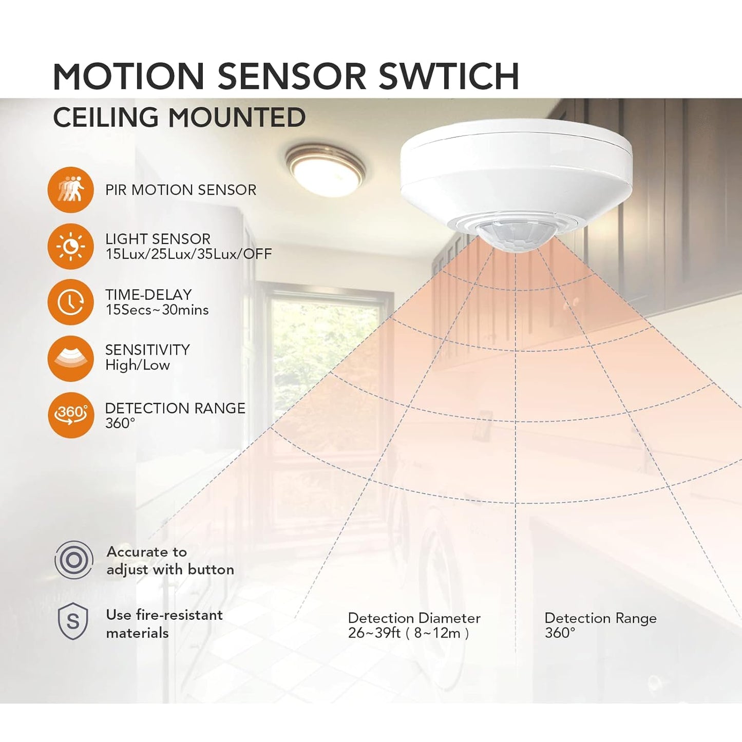 RAYZEEK DC 12/24V 10A Low Voltage Ceiling Sensor Pir Occupancy Motion Detector,360 Motion Sensor,8-12M High Sensitive Ceiling Motion Sensor Switch, Commercial/Industrial Grade, White